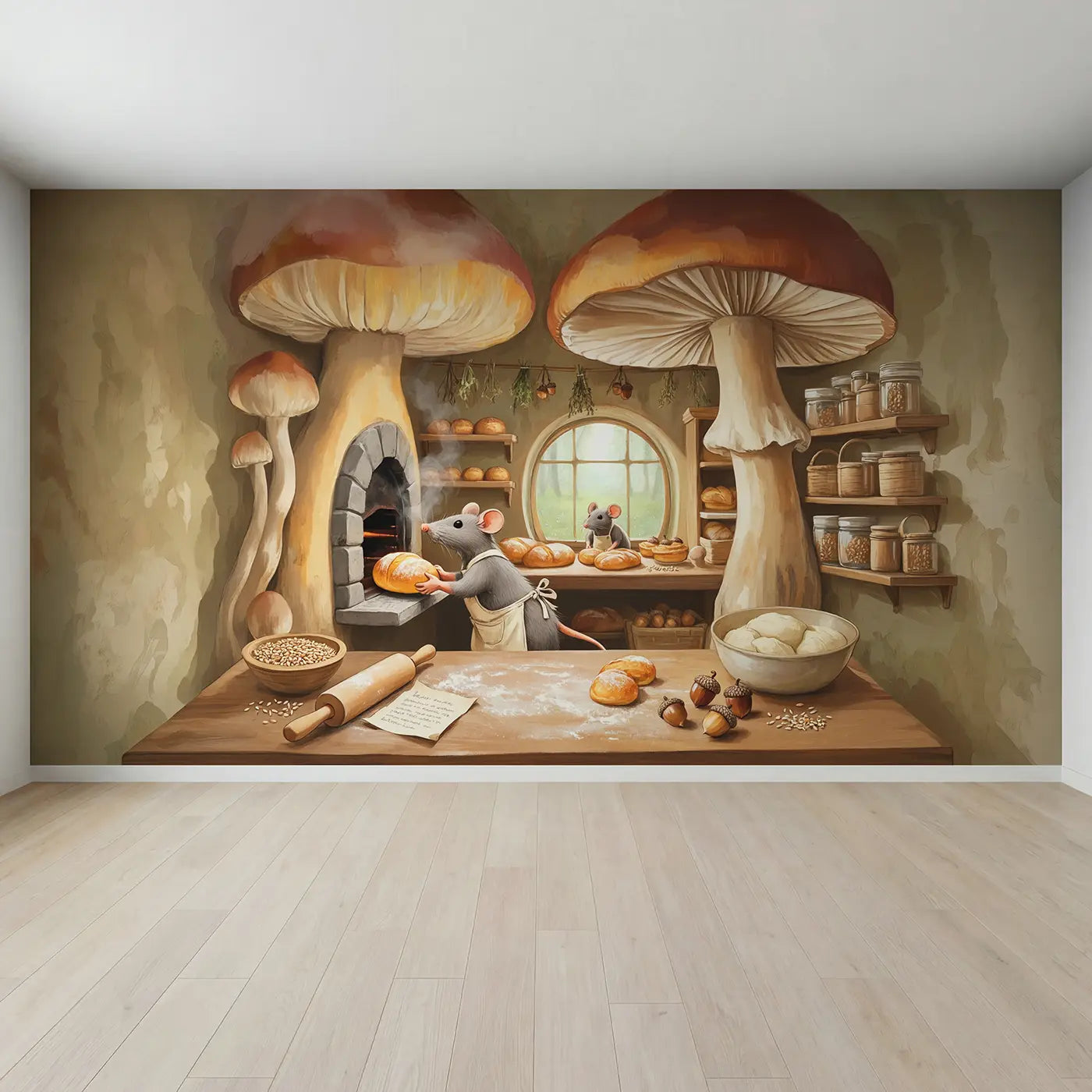Full view of Mouse Bakery Morning Wallpaper Mural by Whimsy Tots