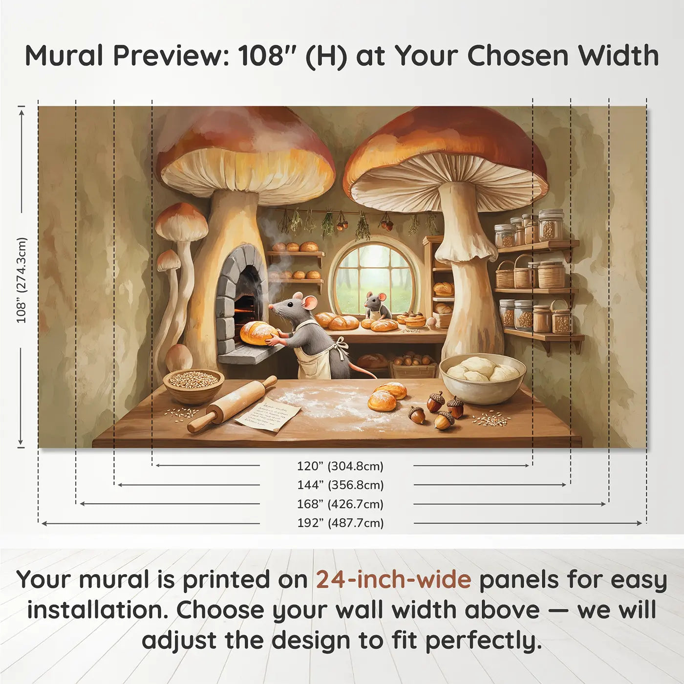 Panel layout and dimensions for Mouse Bakery Morning Wallpaper Mural by Whimsy Tots