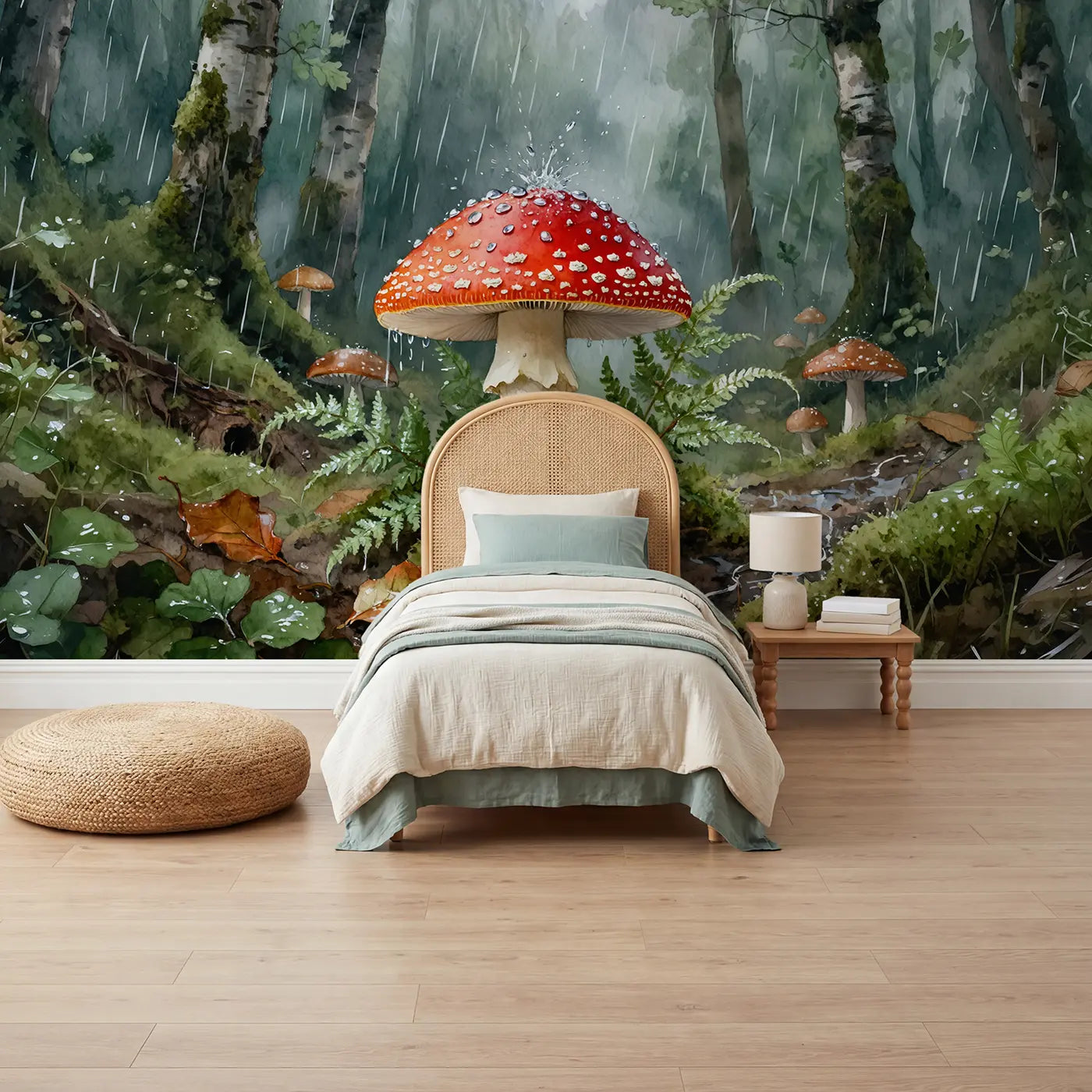 watercolor rainy toadstool woodland mural for kids room by Whimsy Tots