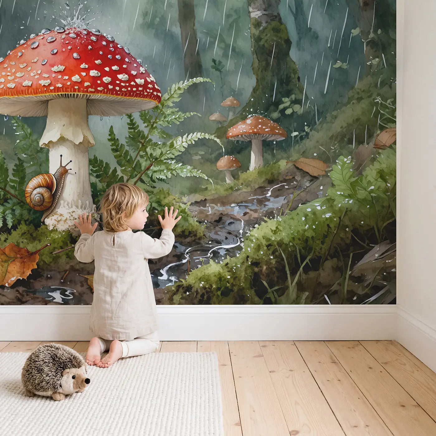 Child in nursery with Rainy Toadstool Snail Woodland Wallpaper Mural by Whimsy Tots