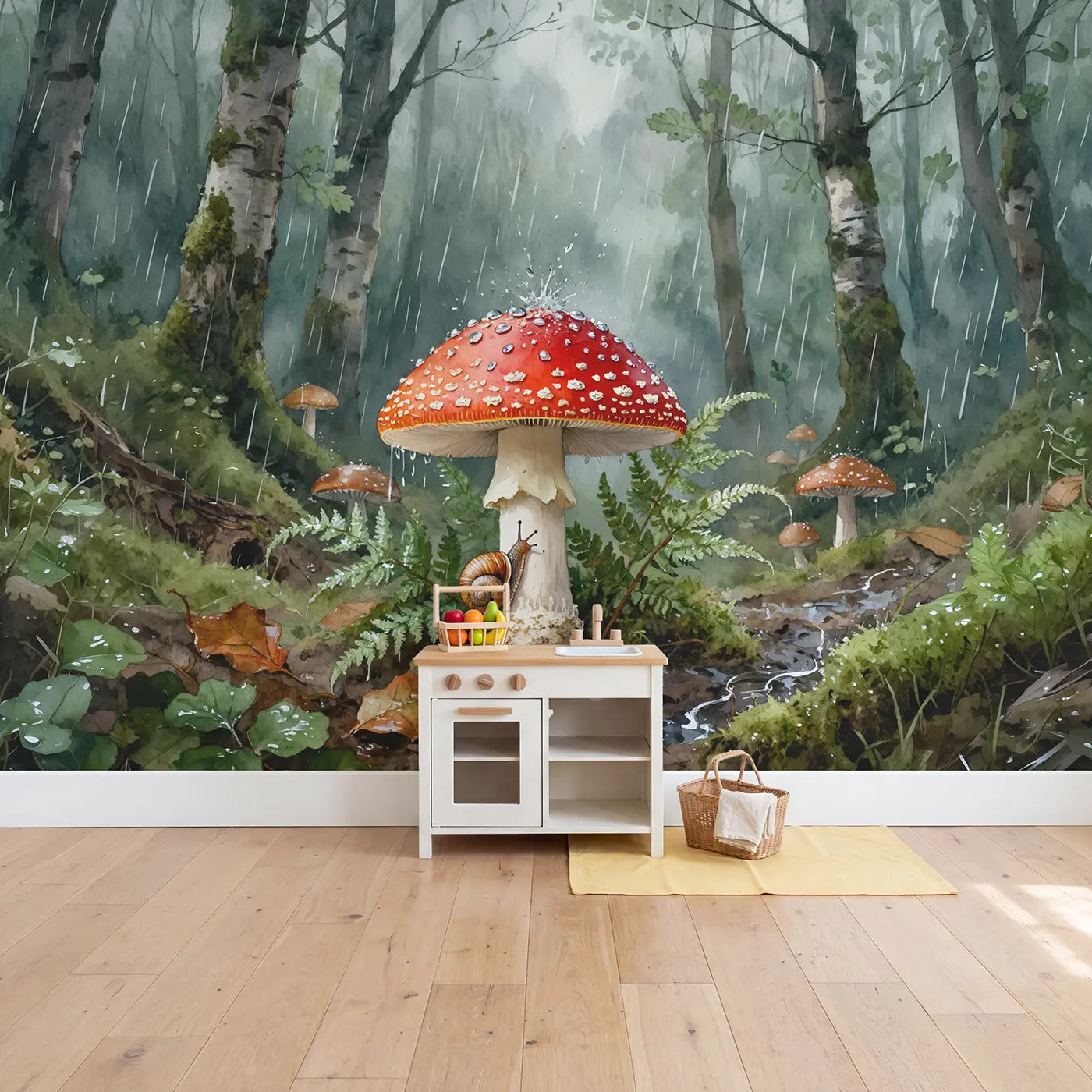 Rainy Toadstool Snail Woodland Wallpaper Mural in playroom setting by Whimsy Tots