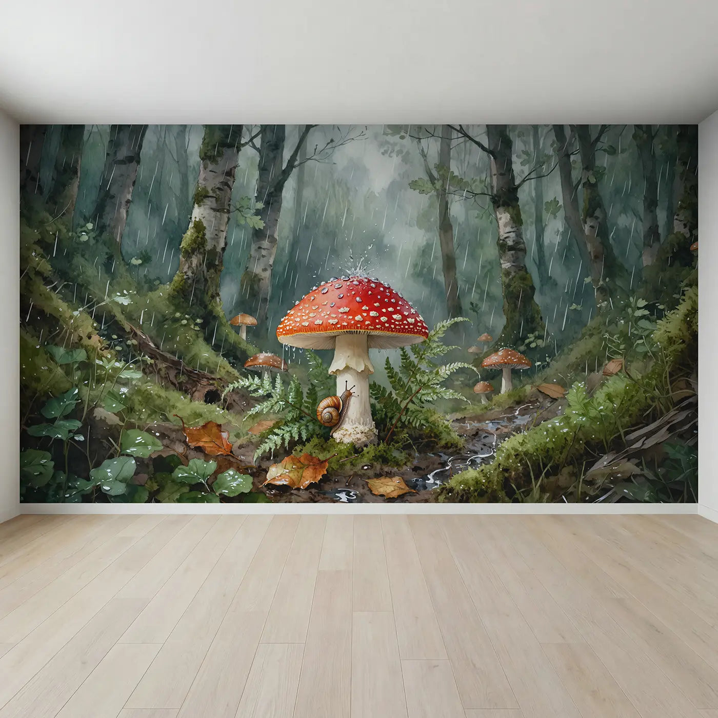 Full view of Rainy Toadstool Snail Woodland Wallpaper Mural by Whimsy Tots