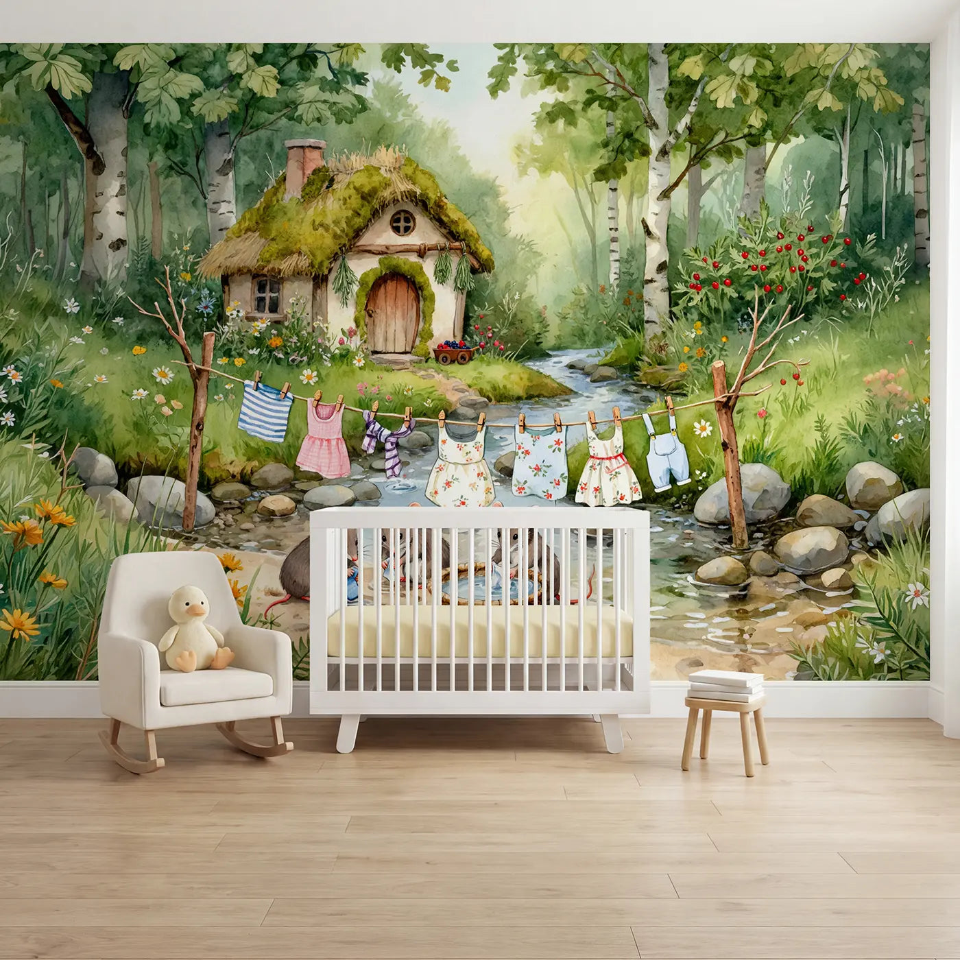 Watercolor mouse laundry day stream cottage wallpaper mural for nursery by Whimsy Tots