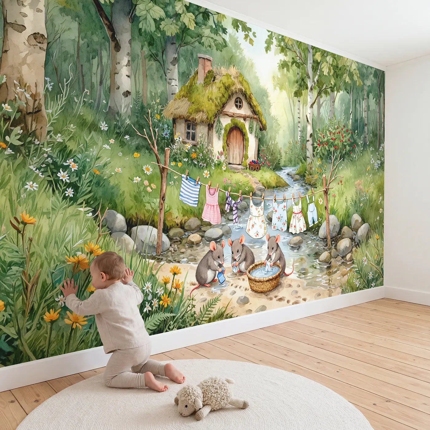 Child in nursery with Mouse Laundry Day Stream Wallpaper Mural by Whimsy Tots