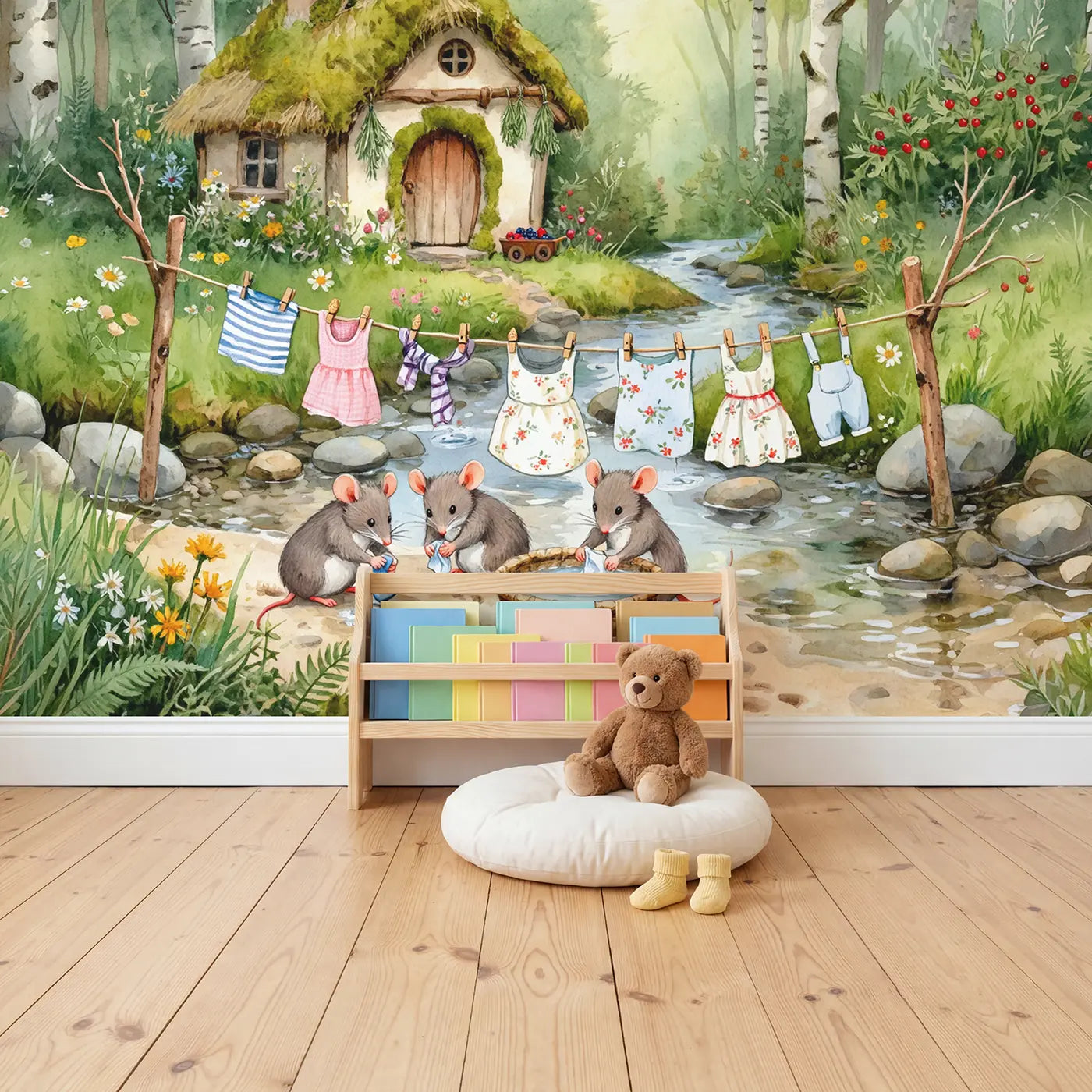 Mouse Laundry Day Stream Wallpaper Mural in playroom setting by Whimsy Tots