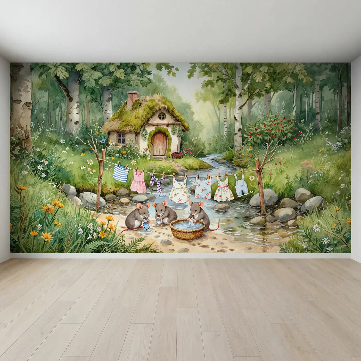 Full view of Mouse Laundry Day Stream Wallpaper Mural by Whimsy Tots