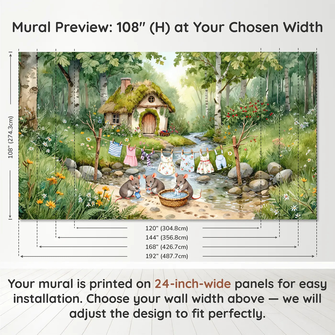 Panel layout and dimensions for Mouse Laundry Day Stream Wallpaper Mural by Whimsy Tots