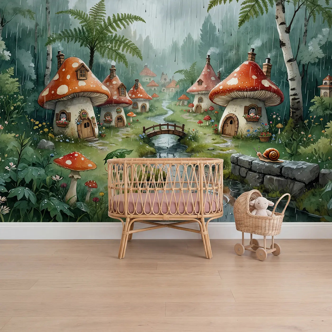 Watercolor rainy mushroom village wallpaper mural for girls nursery by Whimsy Tots