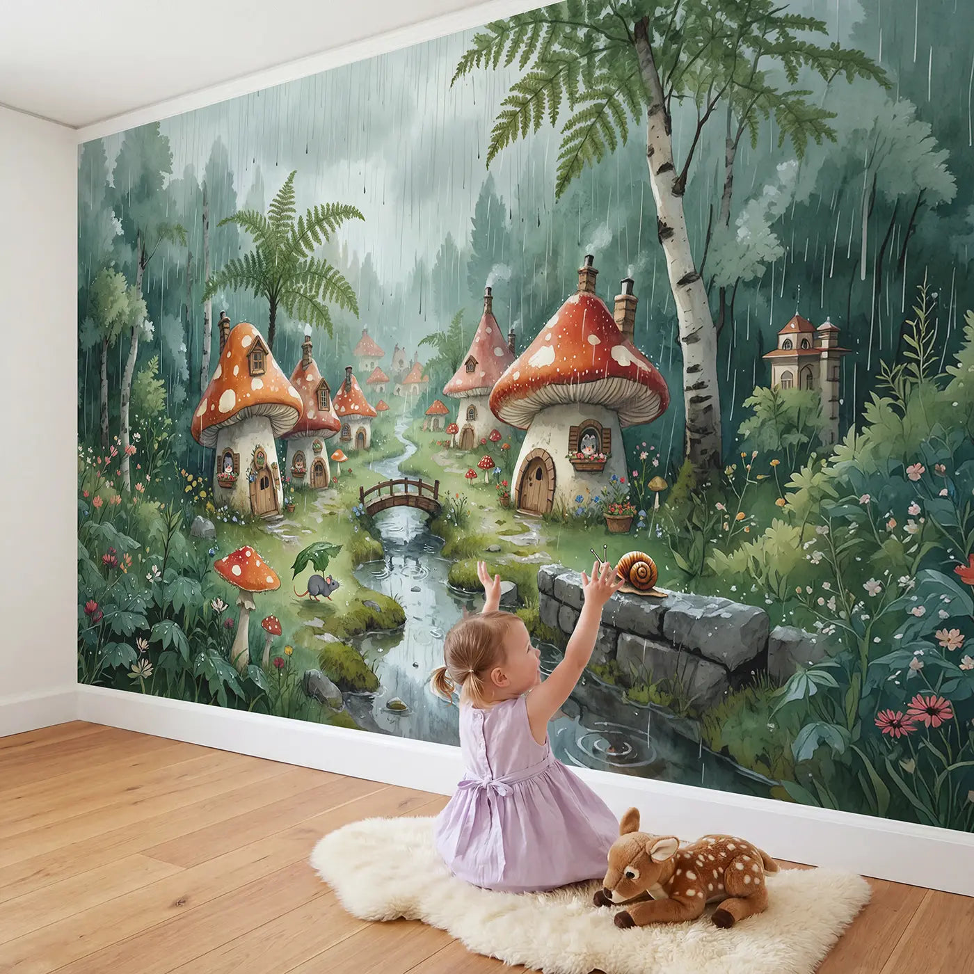Child in nursery with Rainy Mushroom Village Wallpaper Mural by Whimsy Tots