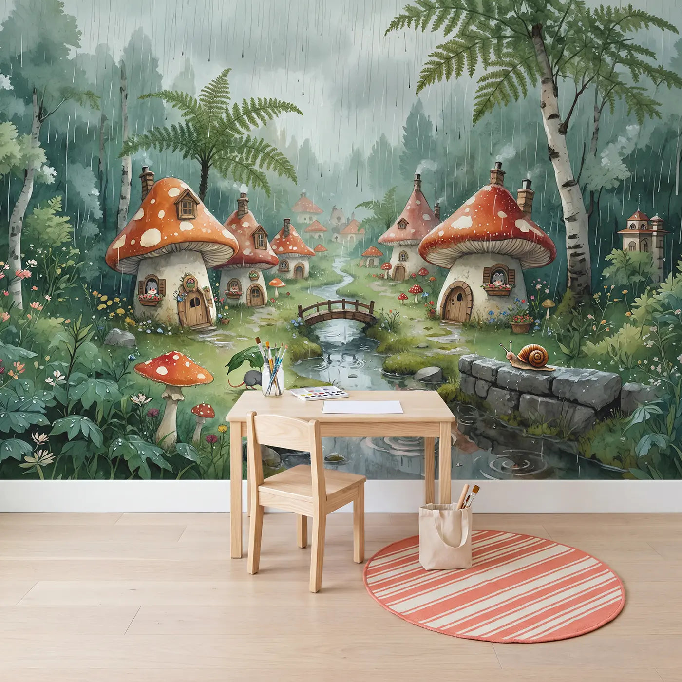 Rainy Mushroom Village Wallpaper Mural in playroom setting by Whimsy Tots