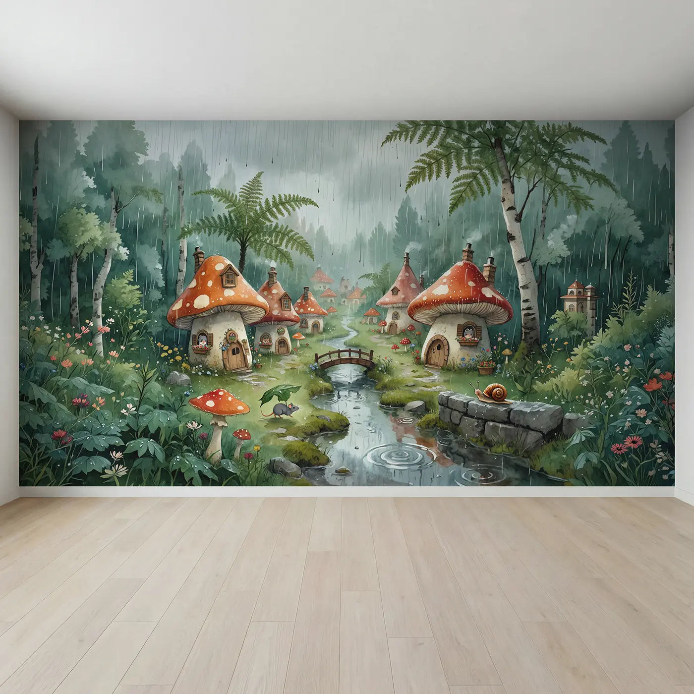 Full view of Rainy Mushroom Village Wallpaper Mural by Whimsy Tots