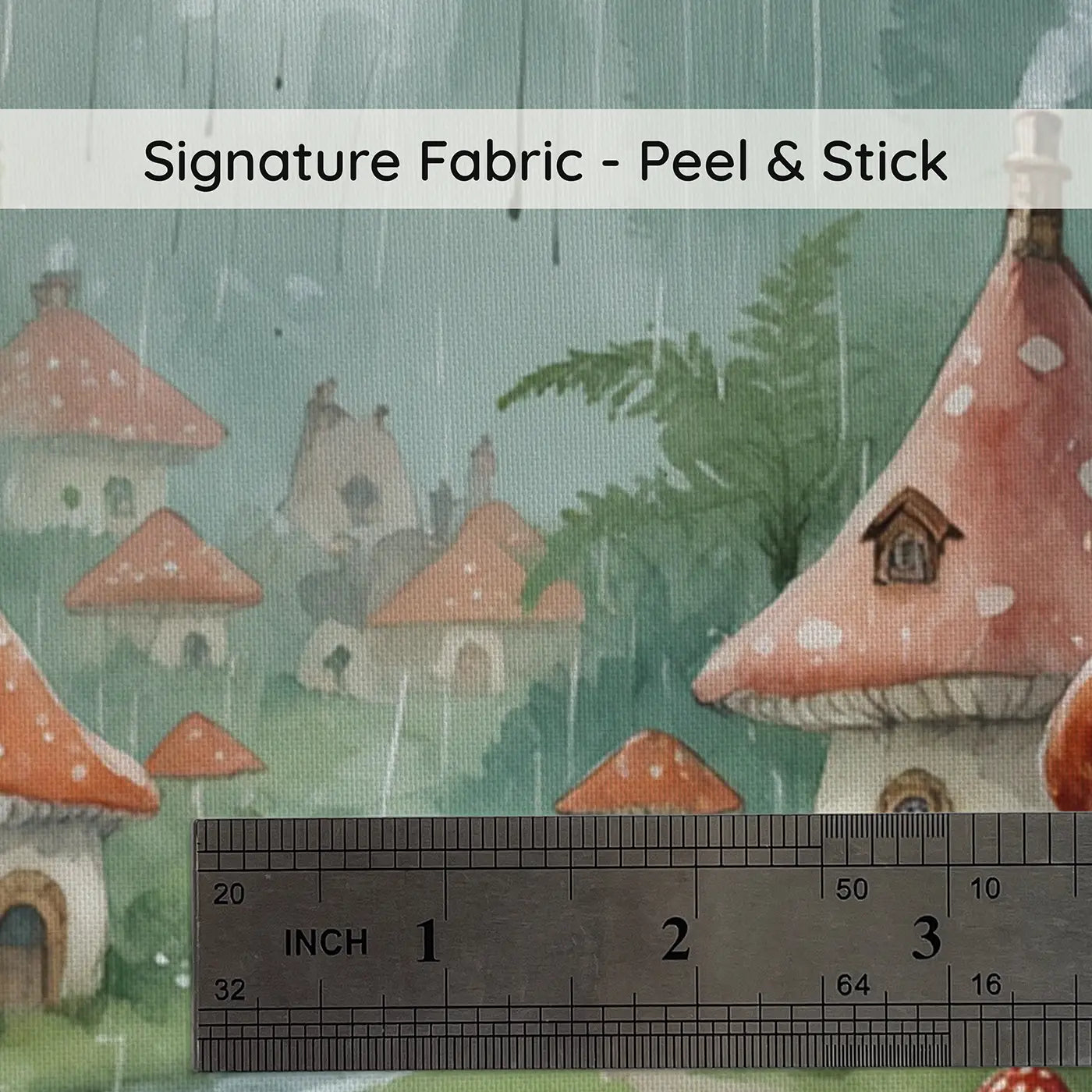 Fabric texture close-up of Rainy Mushroom Village Wallpaper Mural by Whimsy Tots