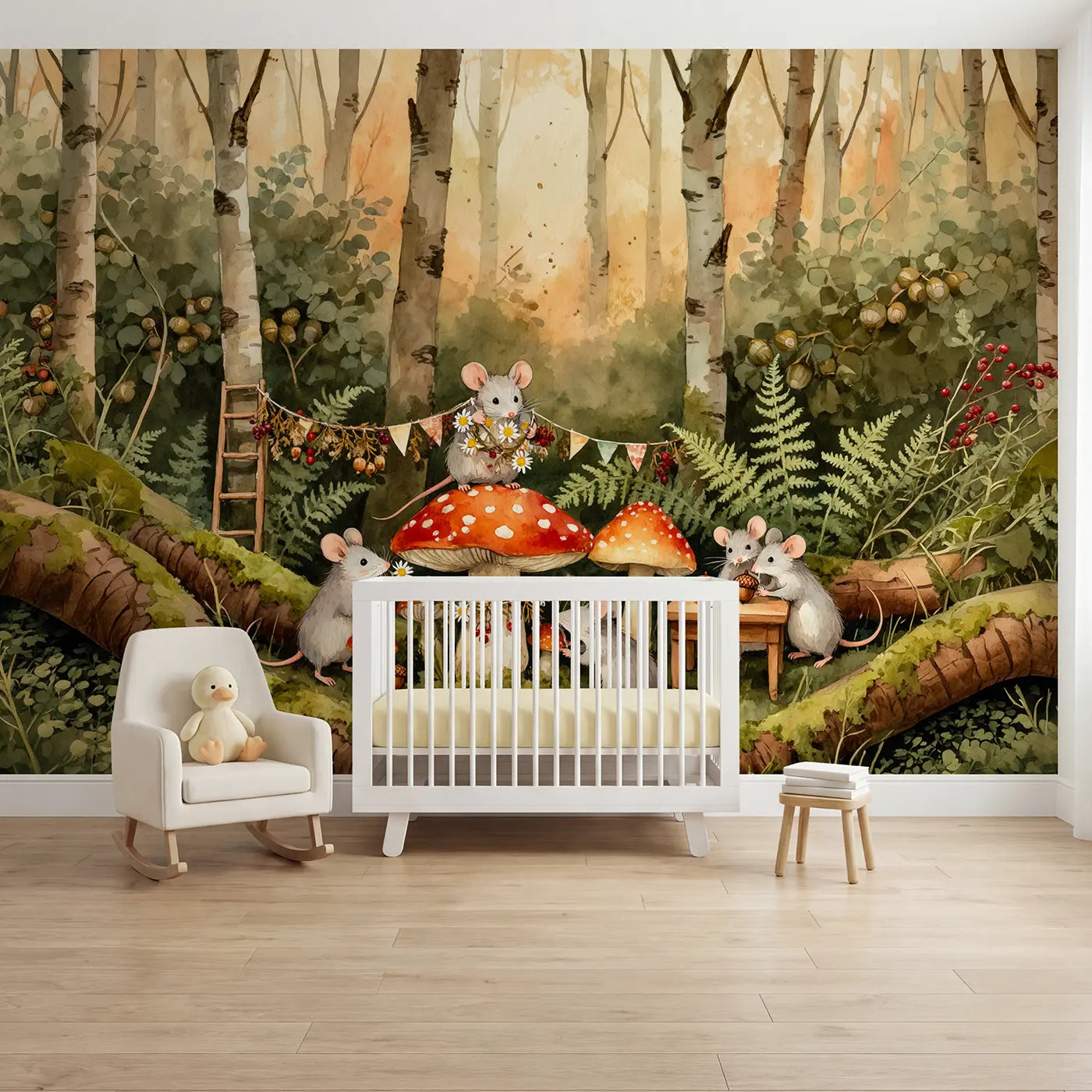 Watercolor mice mushroom celebration wallpaper mural for nursery by Whimsy Tots