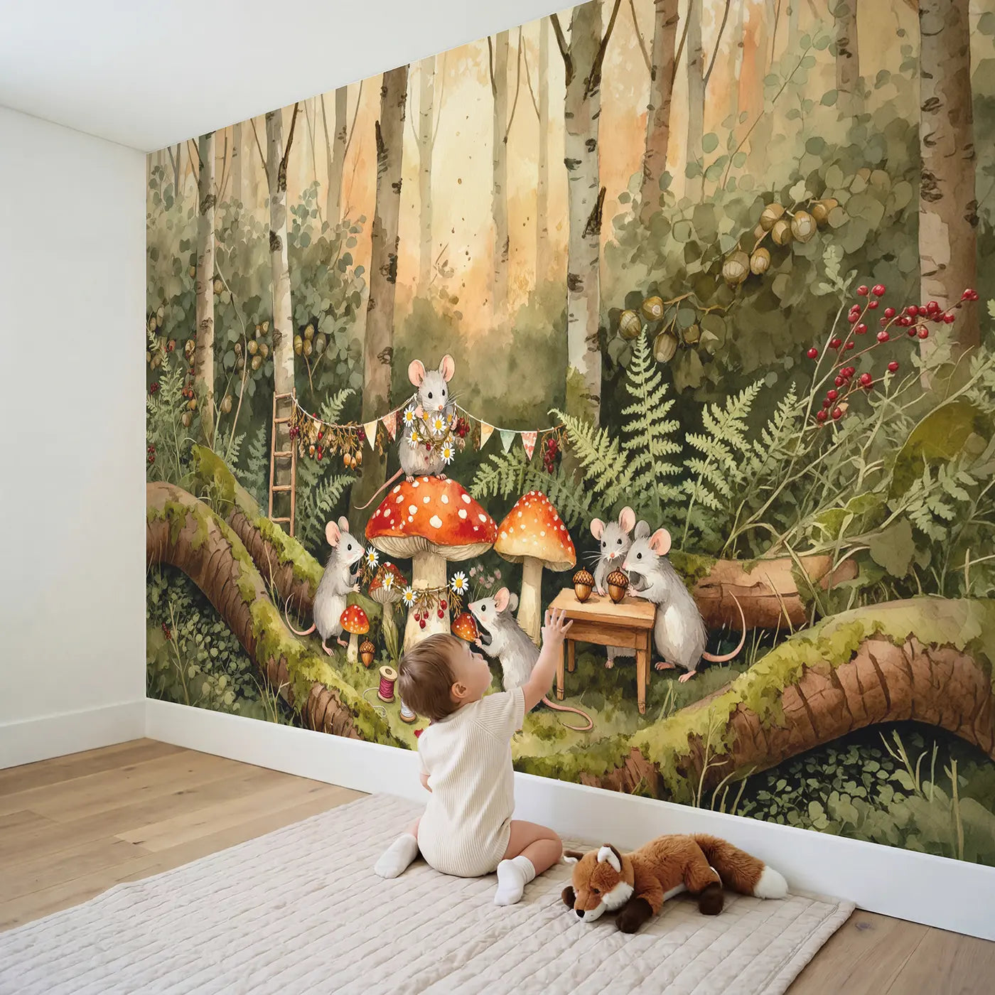 Child in nursery with Mice Mushroom Celebration Wallpaper Mural by Whimsy Tots