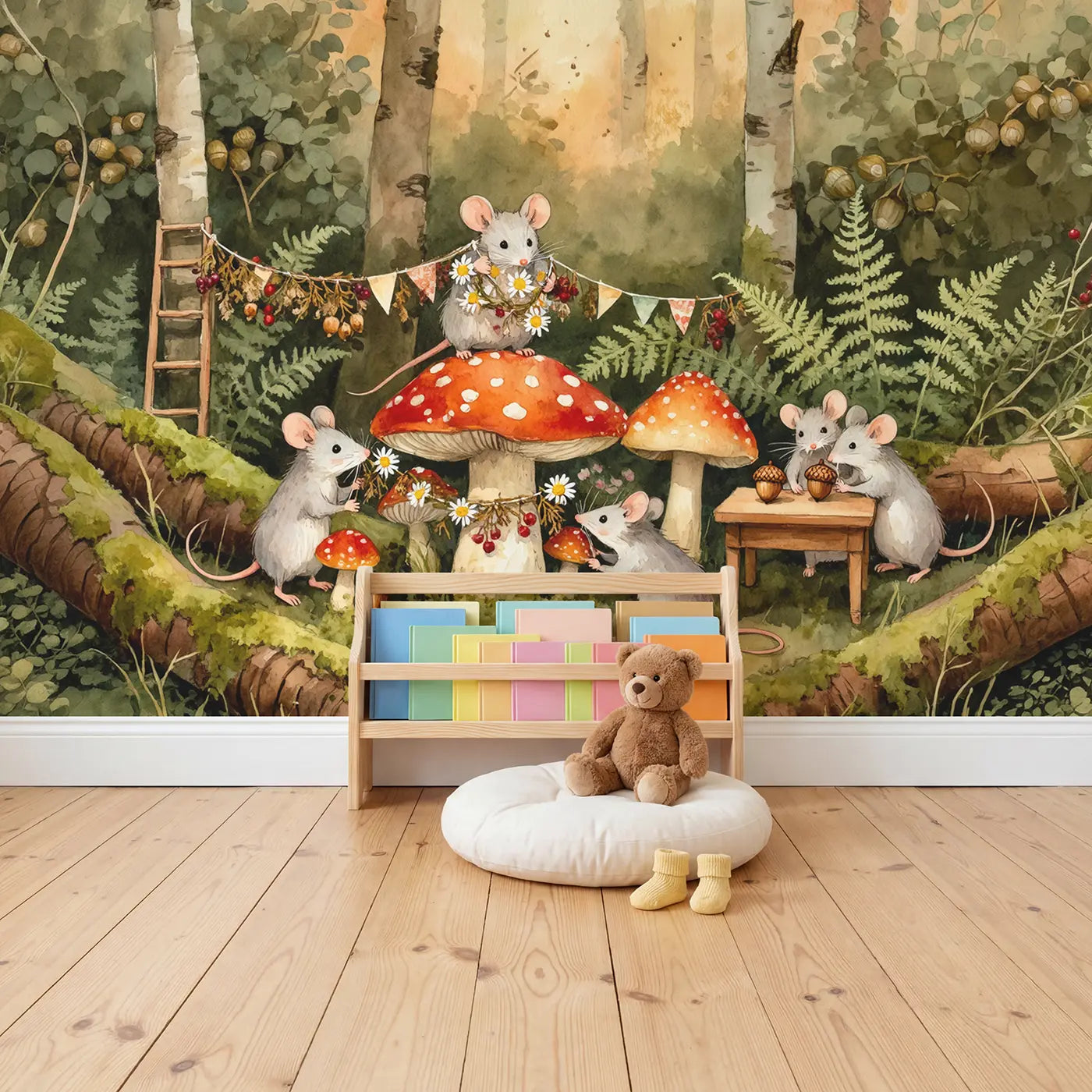 Mice Mushroom Celebration Wallpaper Mural in playroom setting by Whimsy Tots