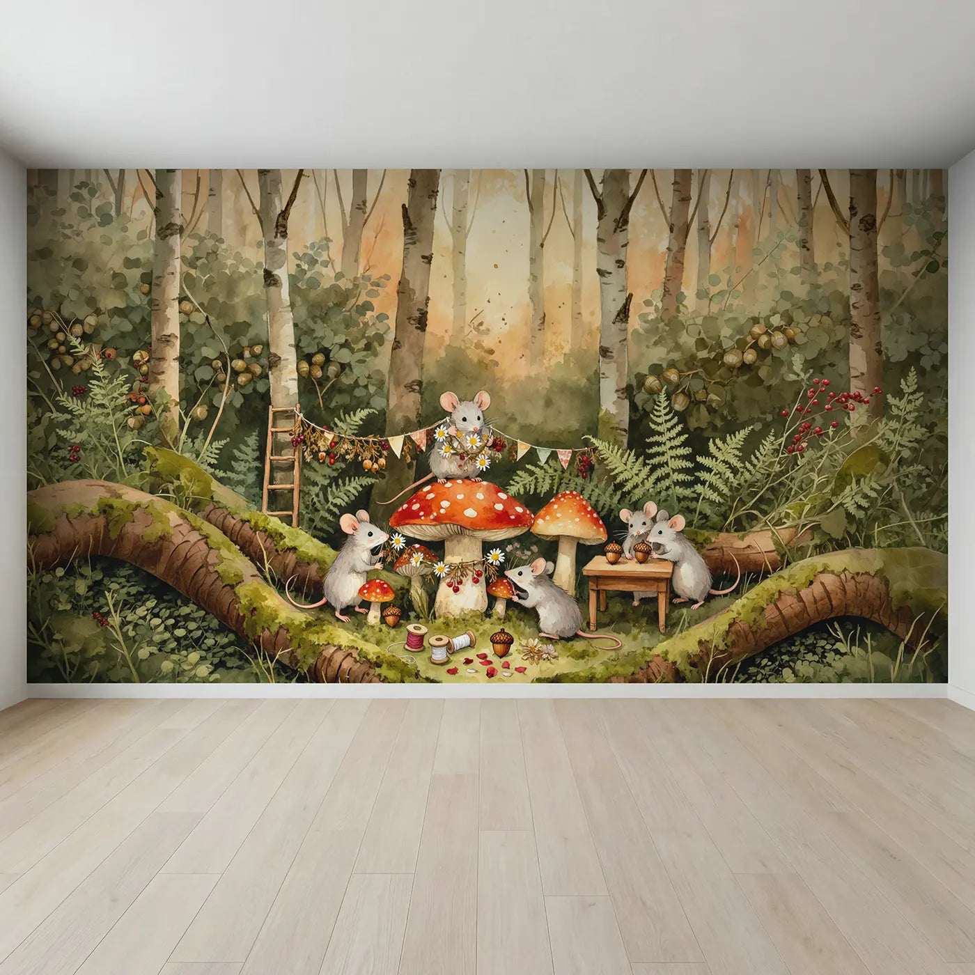 Full view of Mice Mushroom Celebration Wallpaper Mural by Whimsy Tots