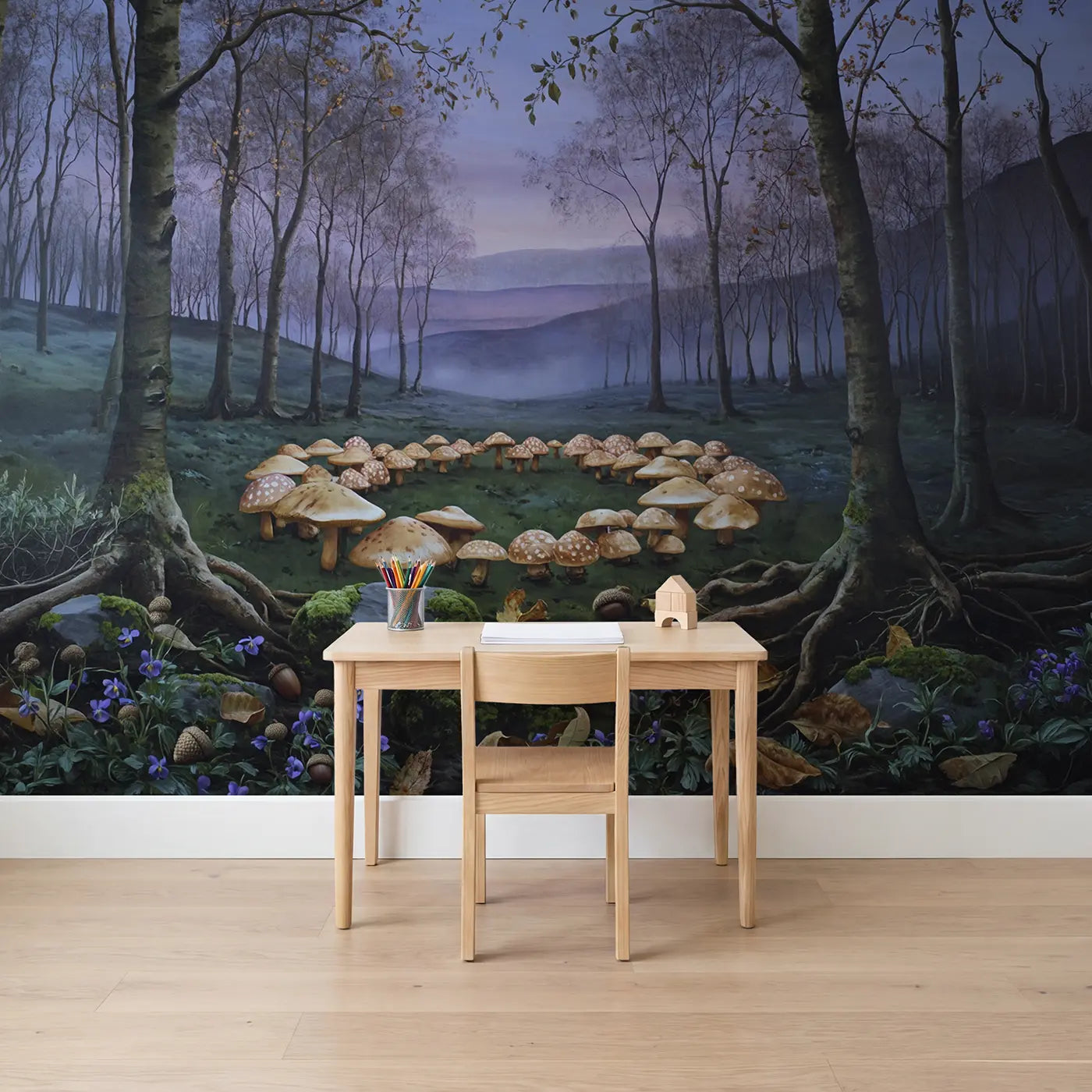 Botanical elegance mushroom ring forest wallpaper mural for kids room by Whimsy Tots