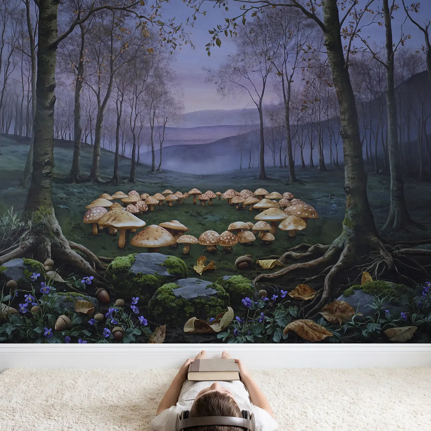 Child in nursery with Mushroom Ring Center Perspective Wallpaper Mural by Whimsy Tots
