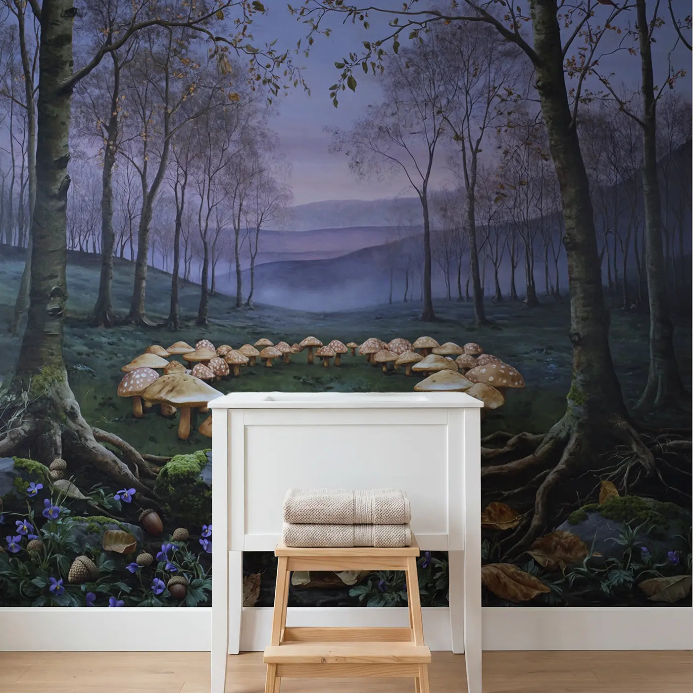 Mushroom Ring Center Perspective Wallpaper Mural in playroom setting by Whimsy Tots