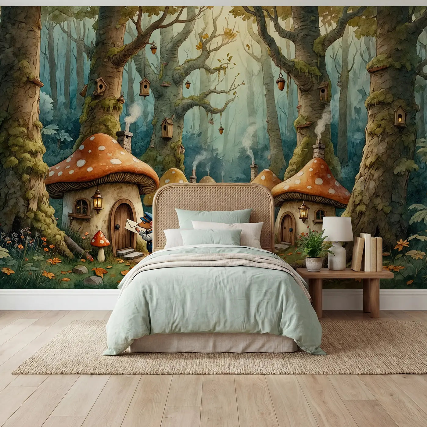 Storybook mouse postman on forest path wallpaper mural for kids room by Whimsy Tots