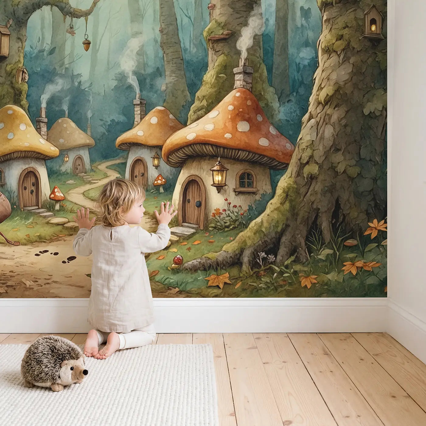 Child in nursery with Mouse Postman Forest Route Wallpaper Mural by Whimsy Tots