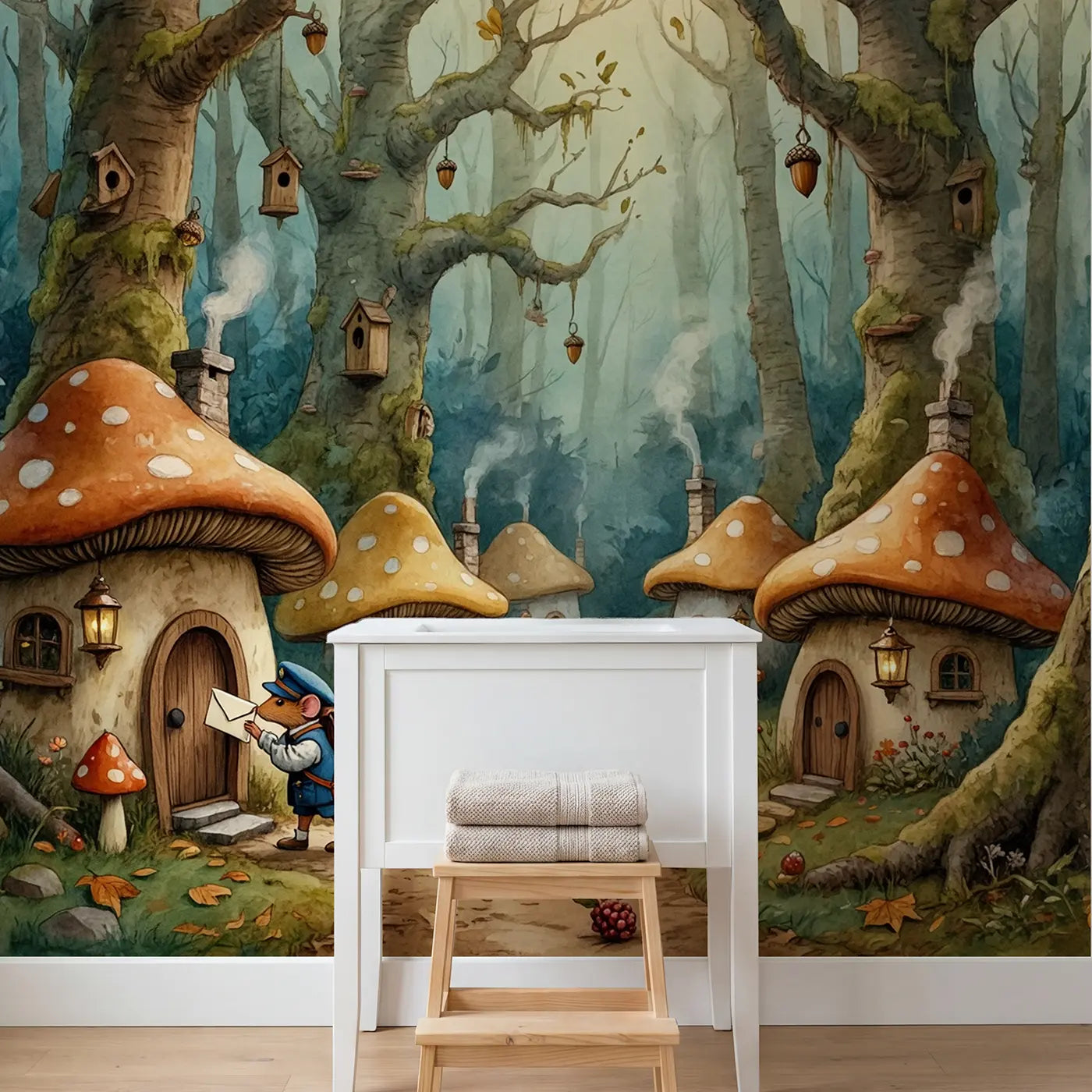 Mouse Postman Forest Route Wallpaper Mural in playroom setting by Whimsy Tots