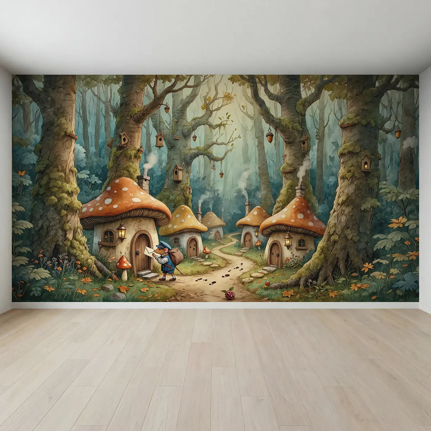 Full view of Mouse Postman Forest Route Wallpaper Mural by Whimsy Tots