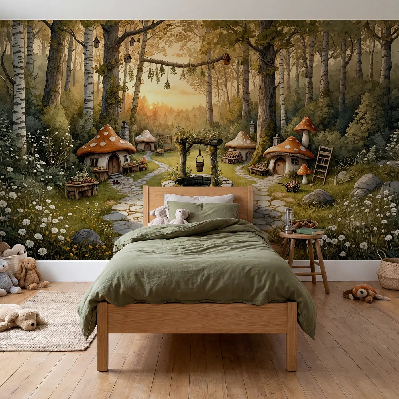 Storybook mushroom village well bridge wallpaper mural for kids room by Whimsy Tots