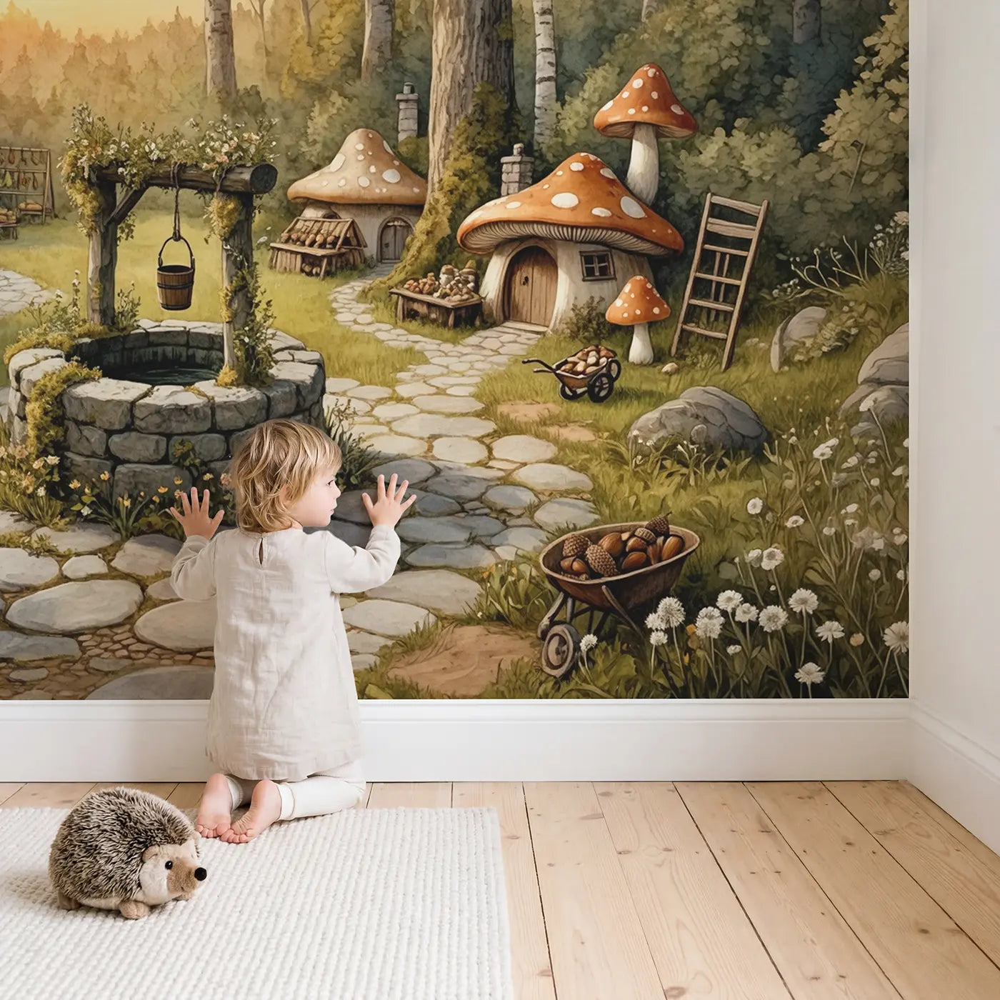 Child in nursery with Mushroom Village Well Wallpaper Mural by Whimsy Tots