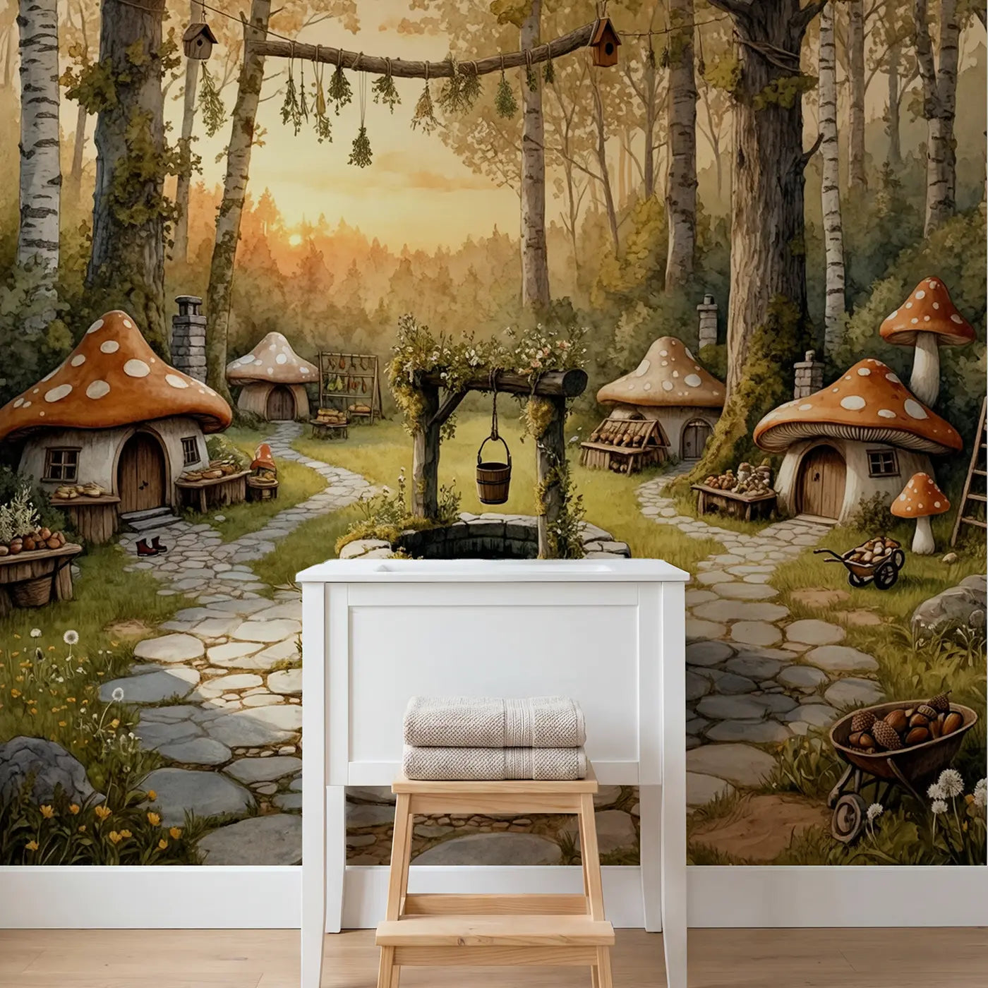 Mushroom Village Well Wallpaper Mural in playroom setting by Whimsy Tots