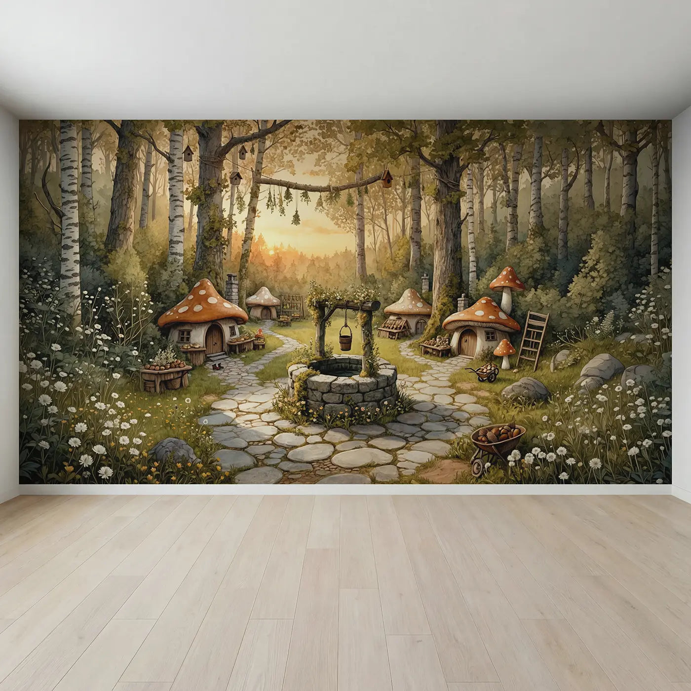 Full view of Mushroom Village Well Wallpaper Mural by Whimsy Tots
