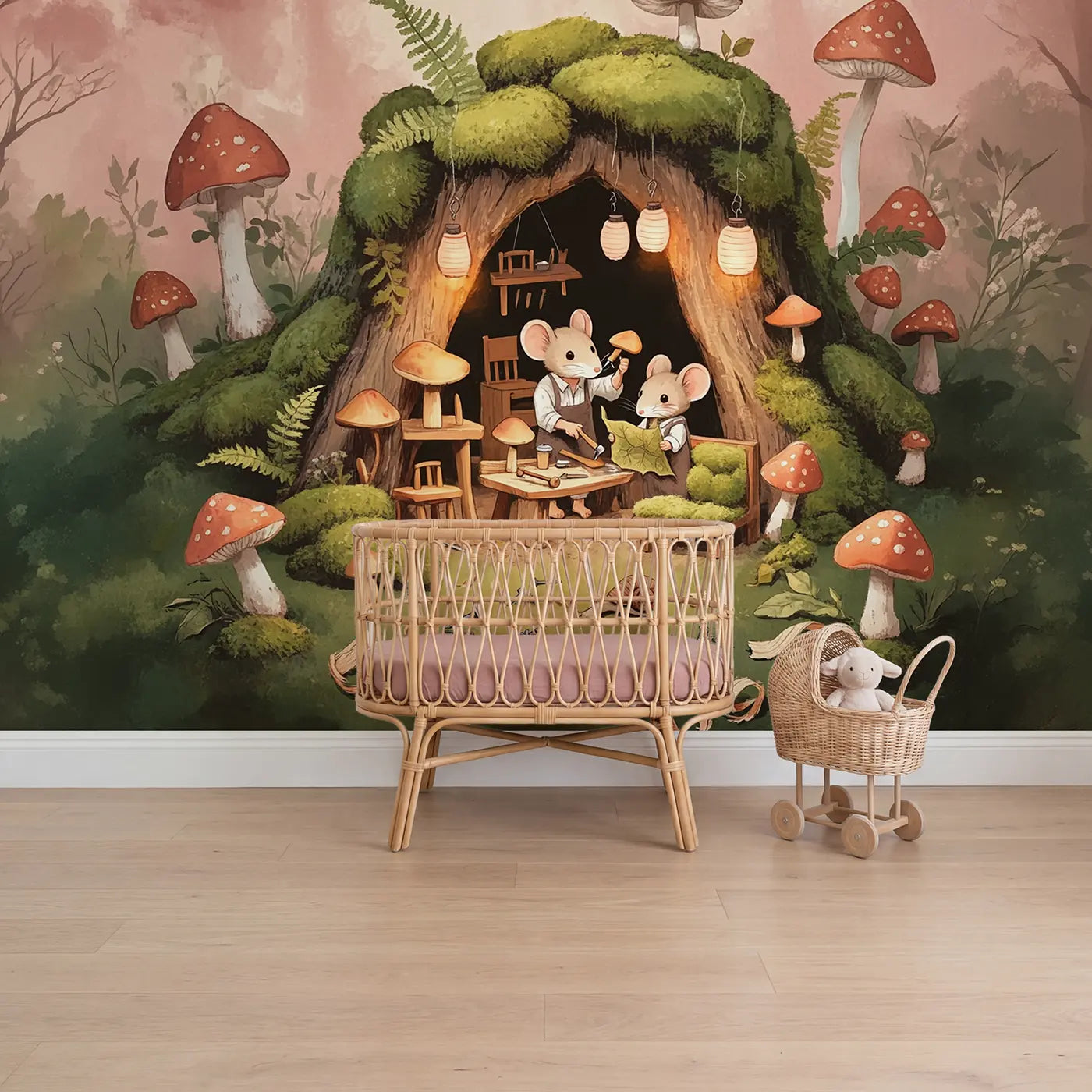 Soft pastel mouse and mushroom forest wallpaper mural for nursery by Whimsy Tots