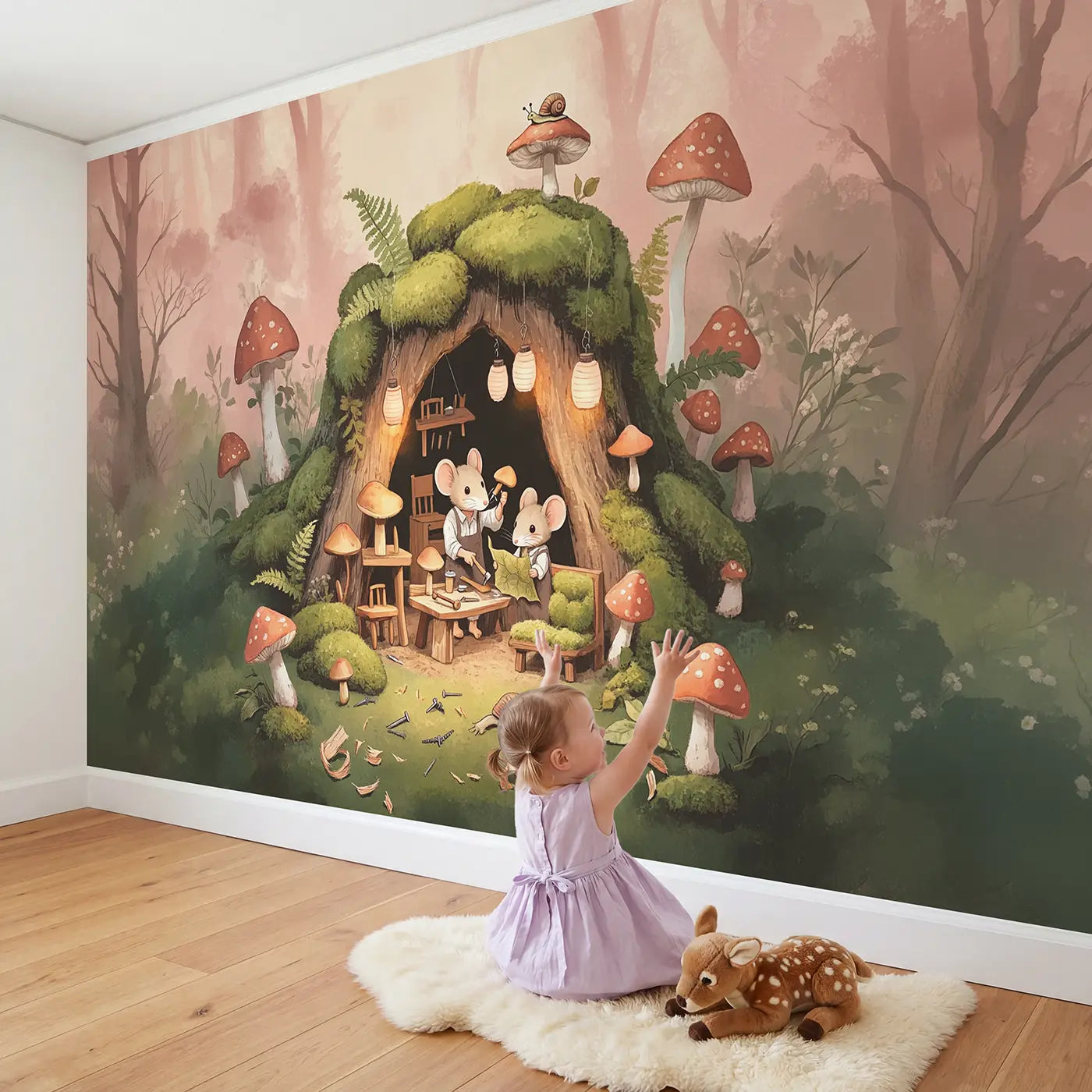 Child in nursery with Mouse Workshop Mushroom Wallpaper Mural by Whimsy Tots