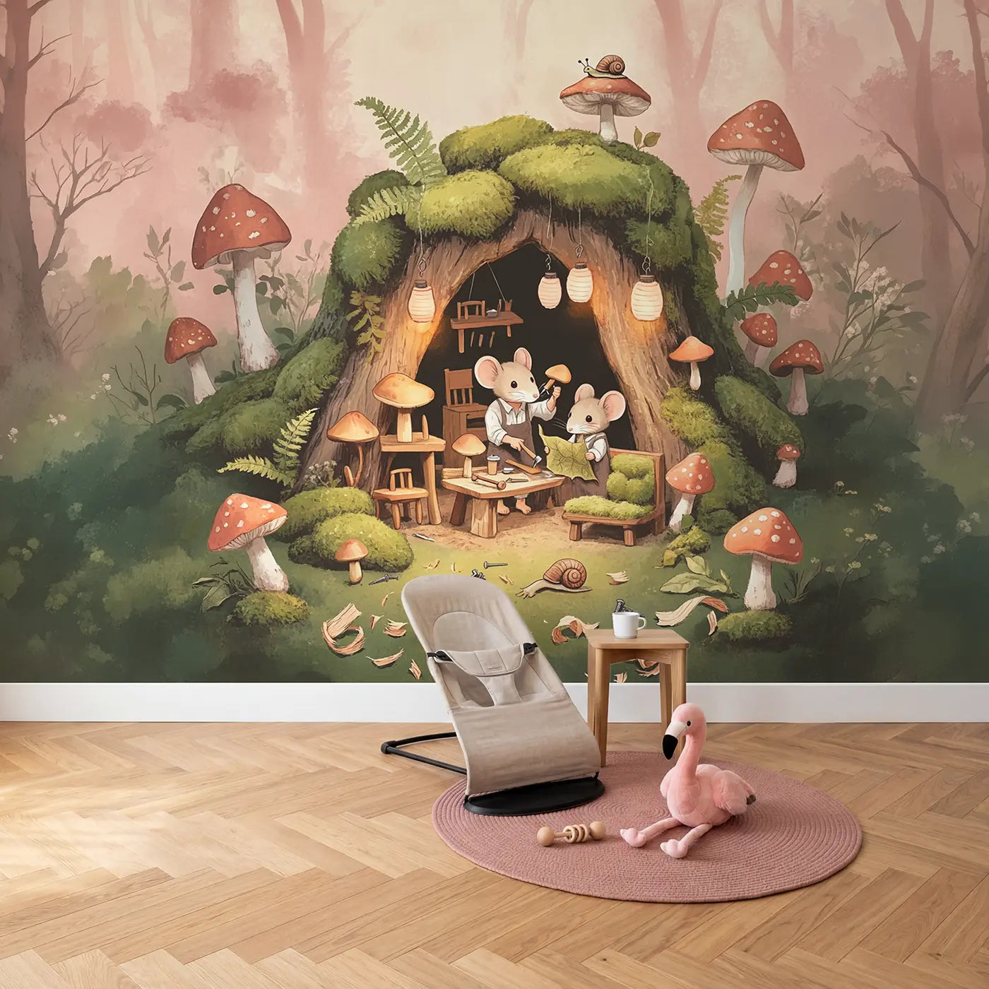 Mouse Workshop Mushroom Wallpaper Mural in playroom setting by Whimsy Tots