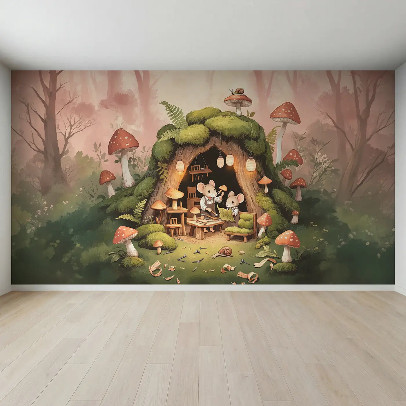 Full view of Mouse Workshop Mushroom Wallpaper Mural by Whimsy Tots