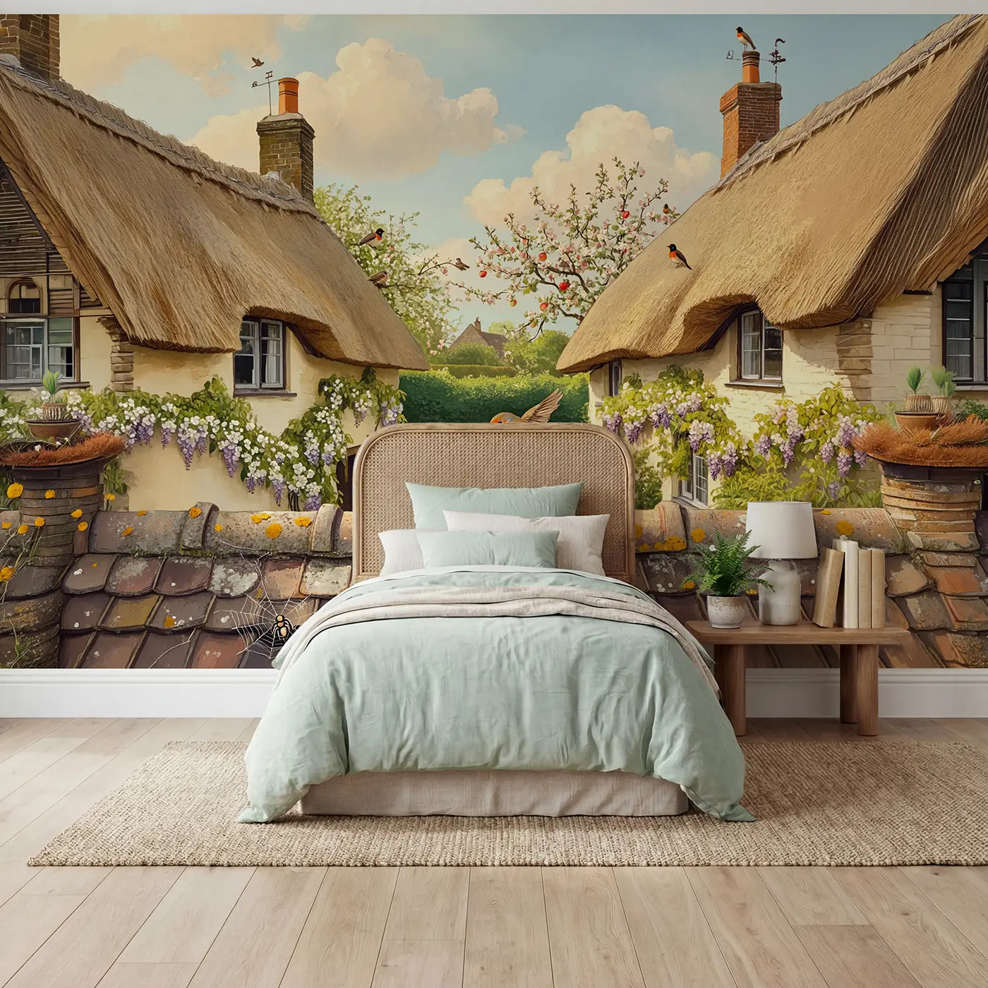 Soft pastel robin building nest at cottage wallpaper mural for kids room by Whimsy Tots