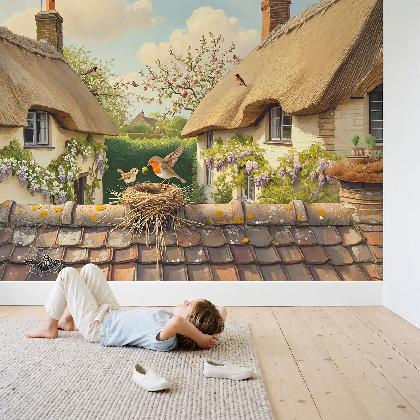 Child in nursery with Robin Nest Building Cottage Wallpaper Mural by Whimsy Tots