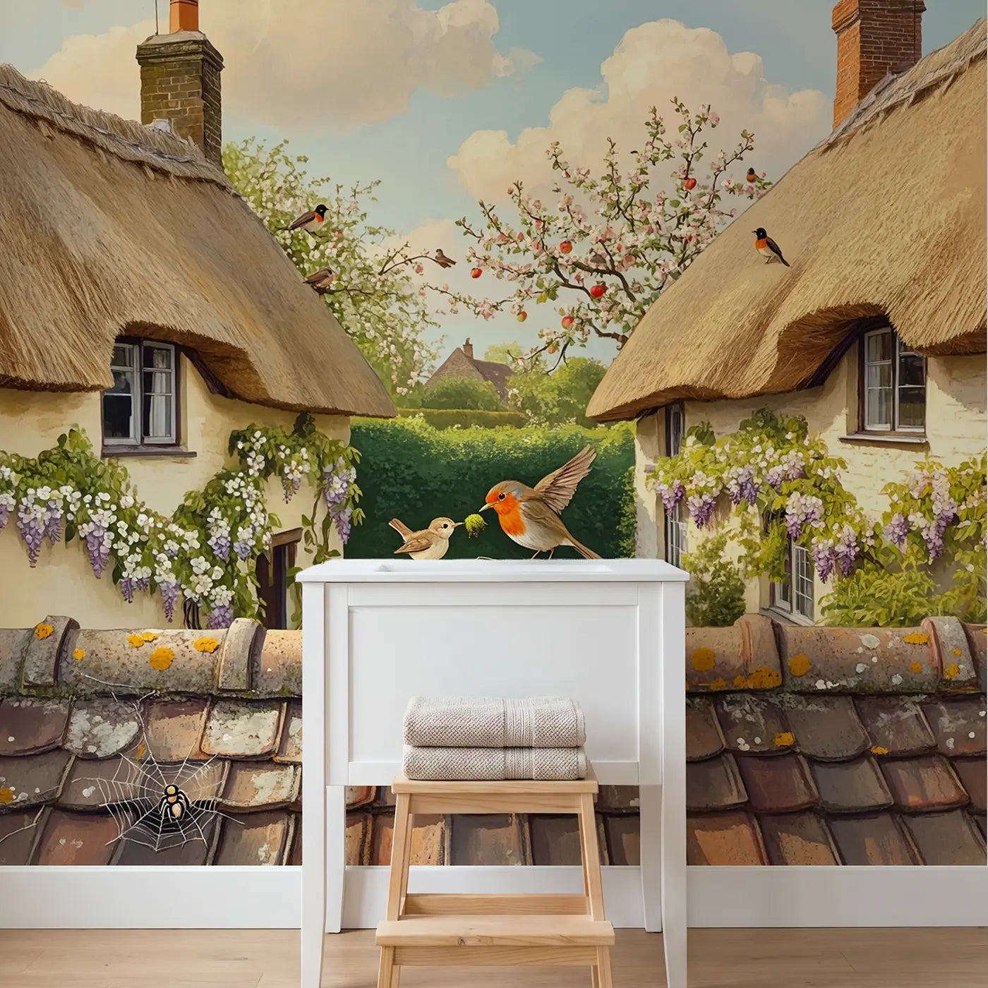 Robin Nest Building Cottage Wallpaper Mural in playroom setting by Whimsy Tots