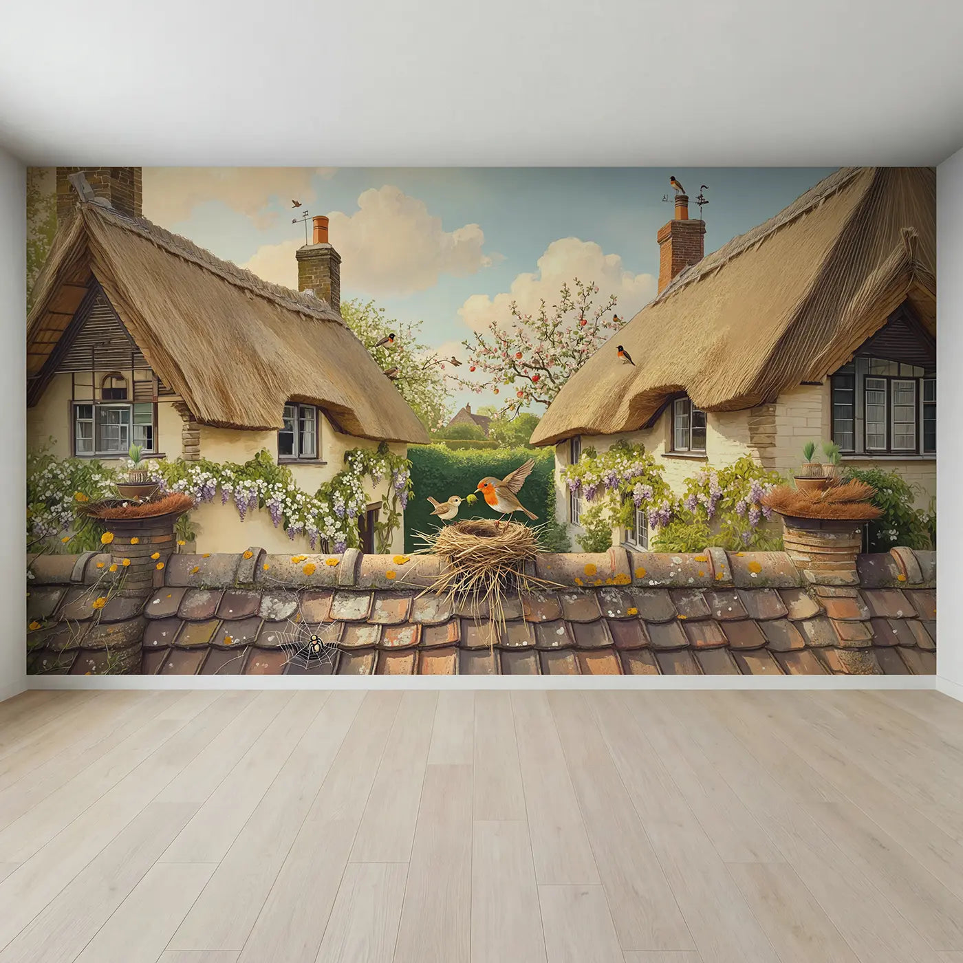 Full view of Robin Nest Building Cottage Wallpaper Mural by Whimsy Tots