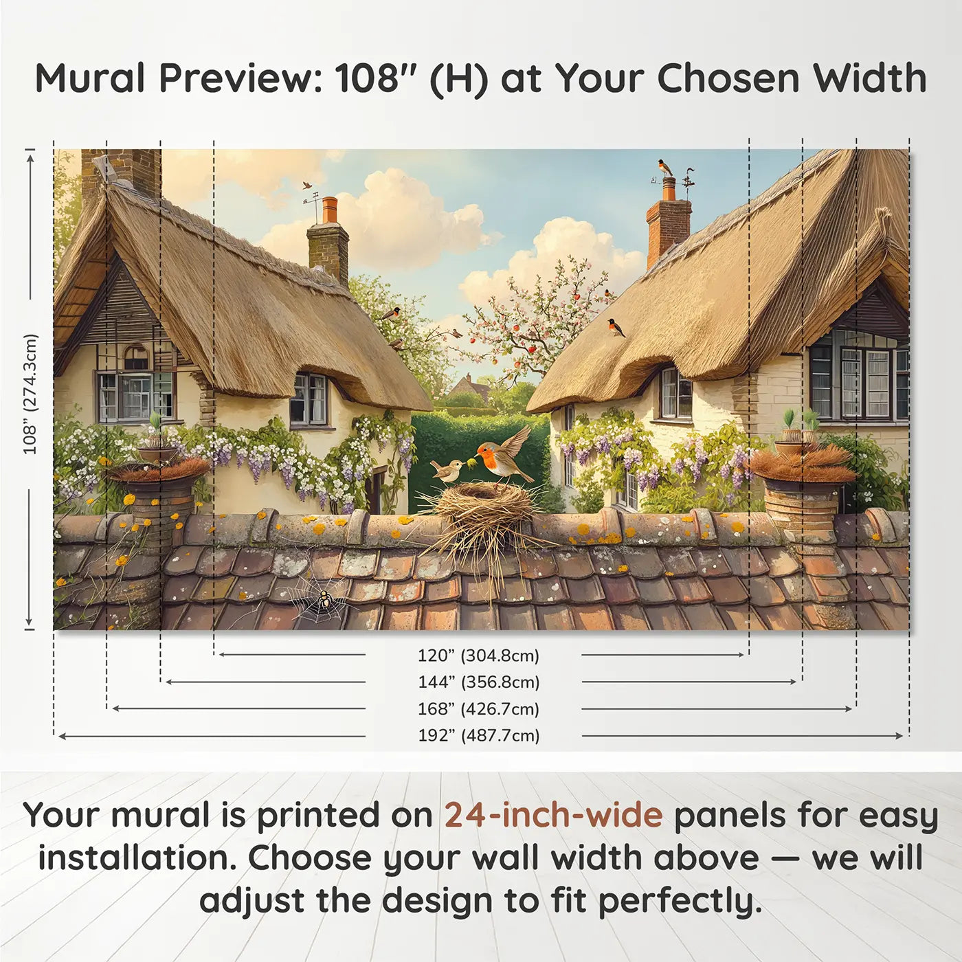Panel layout and dimensions for Robin Nest Building Cottage Wallpaper Mural by Whimsy Tots