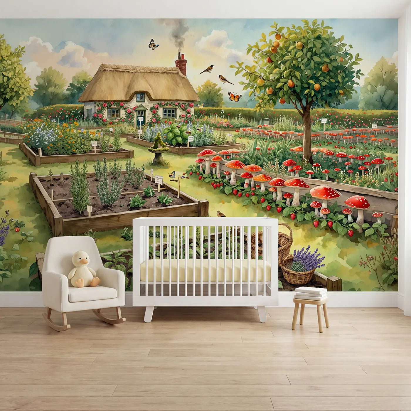 Watercolor herb and mushroom garden cottagecore garden wallpaper mural for nursery by Whimsy Tots