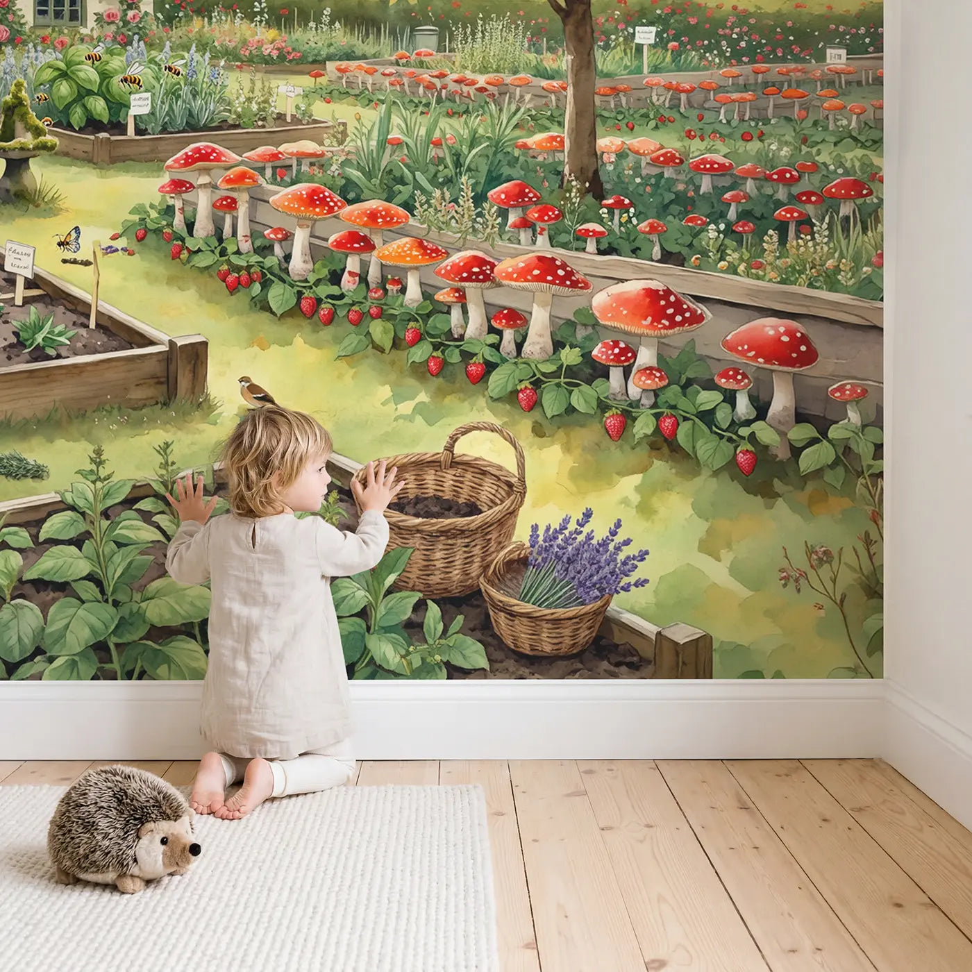 Child in nursery with Cottagecore Herb Mushroom Garden Wallpaper Mural by Whimsy Tots