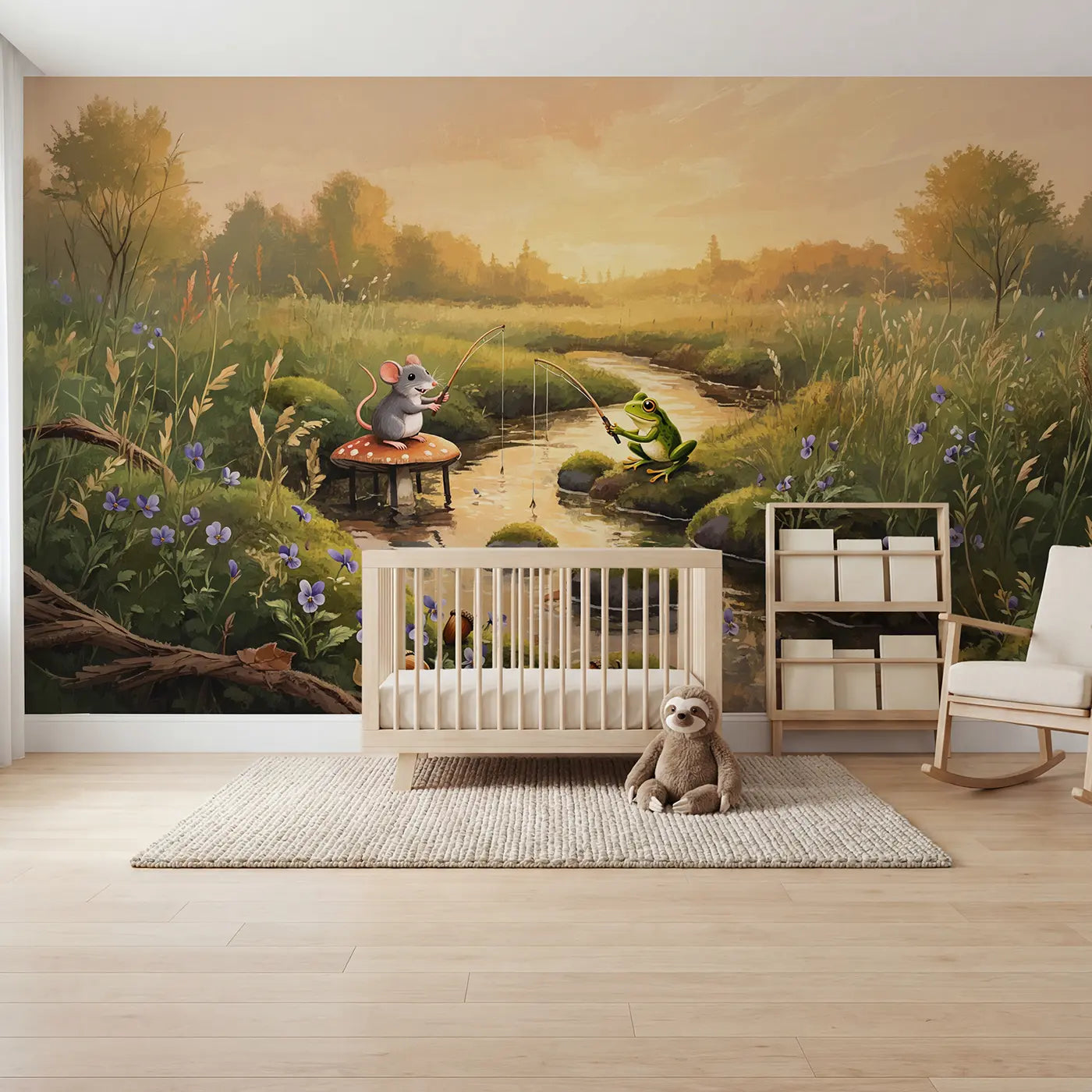 pastel mouse frog fishing mushroom wallpaper mural for nursery by Whimsy Tots
