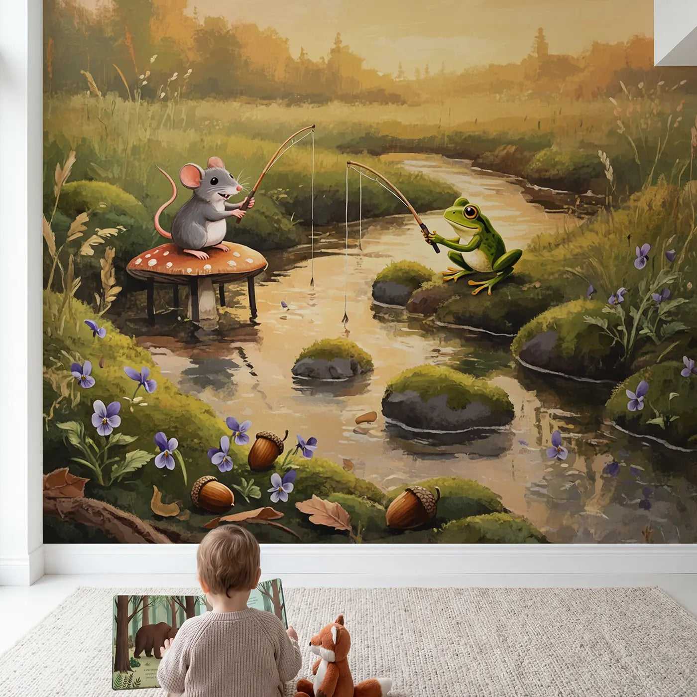 Child in nursery with Mouse Frog Fishing Mushroom Wallpaper Mural by Whimsy Tots