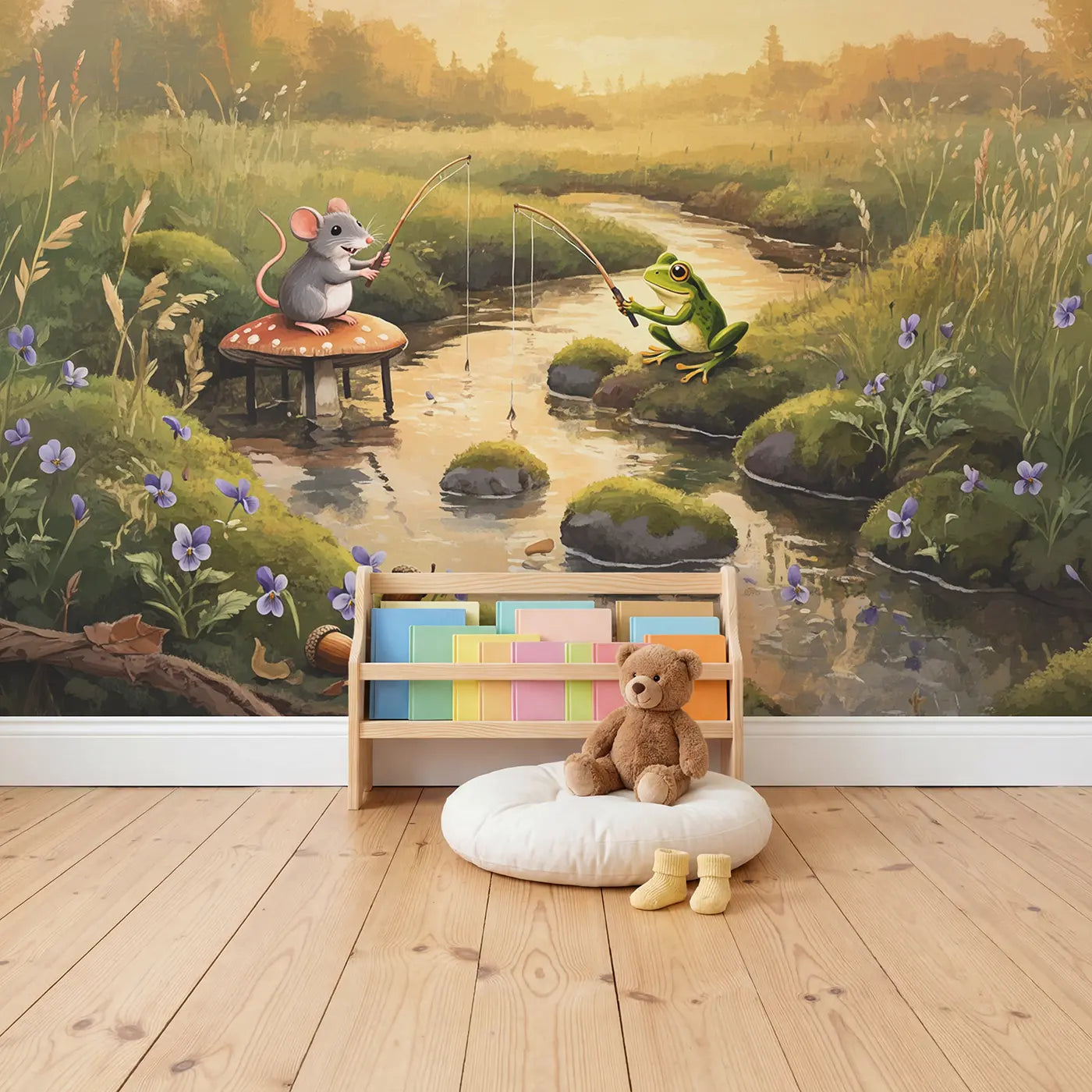 Mouse Frog Fishing Mushroom Wallpaper Mural in playroom setting by Whimsy Tots