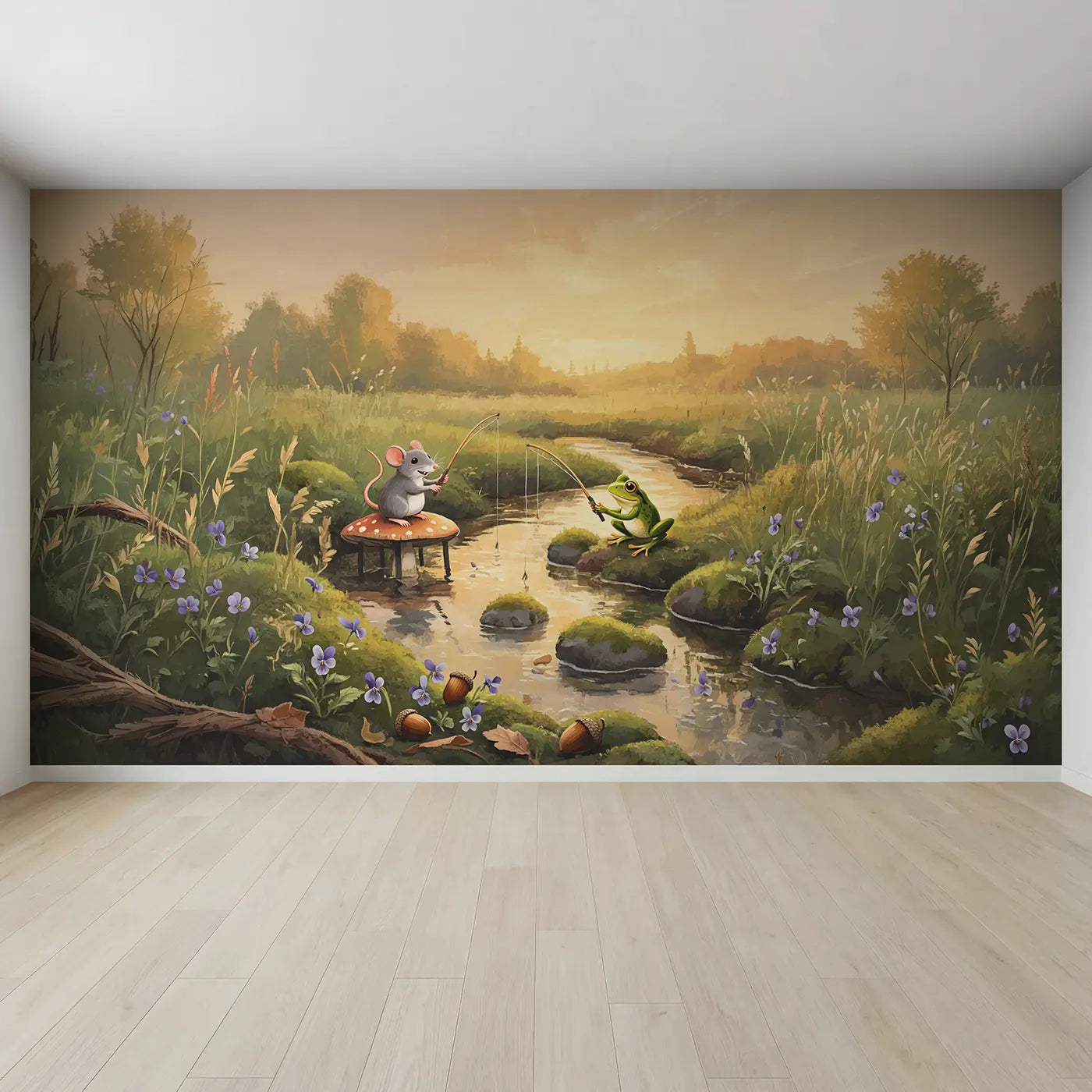 Full view of Mouse Frog Fishing Mushroom Wallpaper Mural by Whimsy Tots