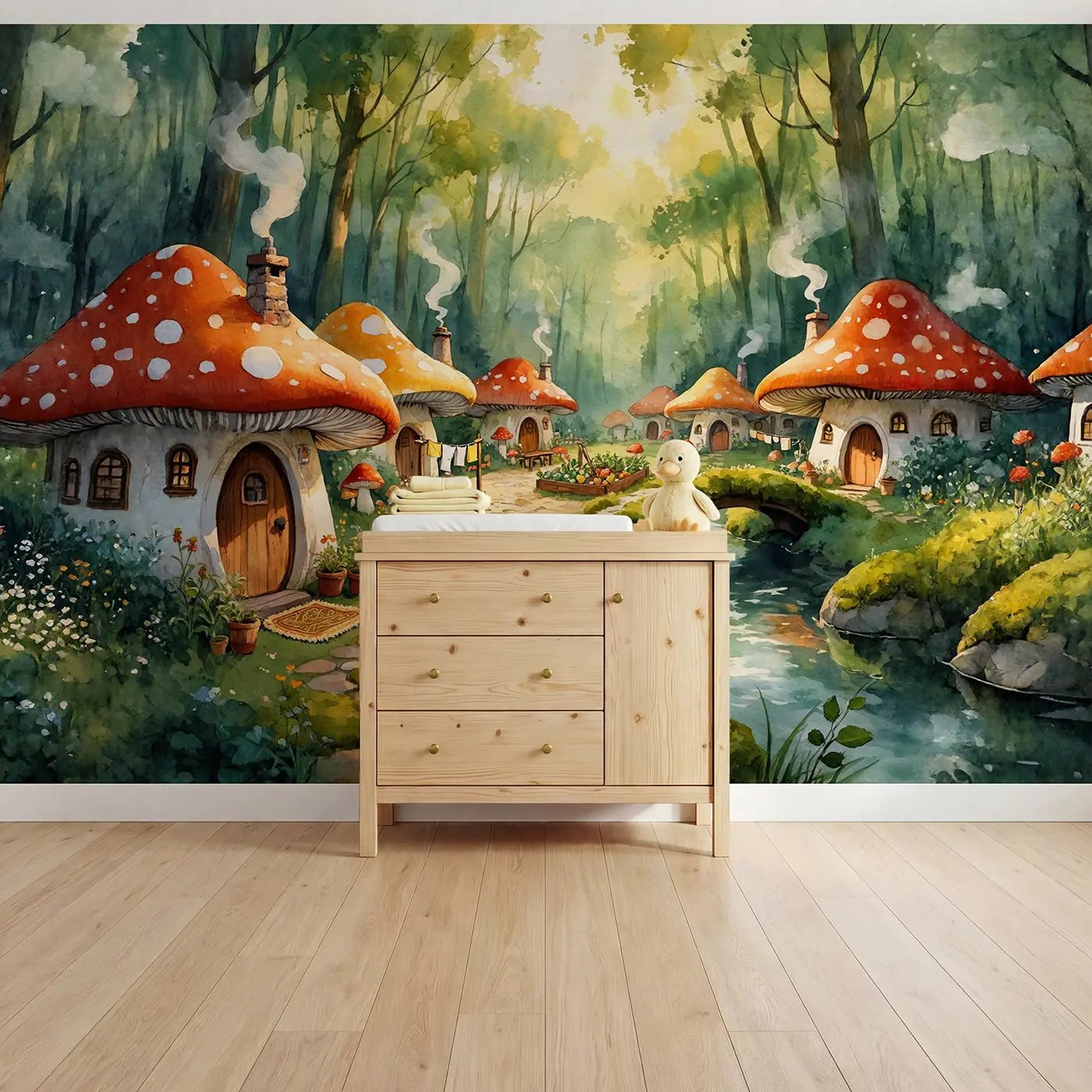 watercolor cottagecore mushroom village forest wallpaper mural for nursery by Whimsy Tots