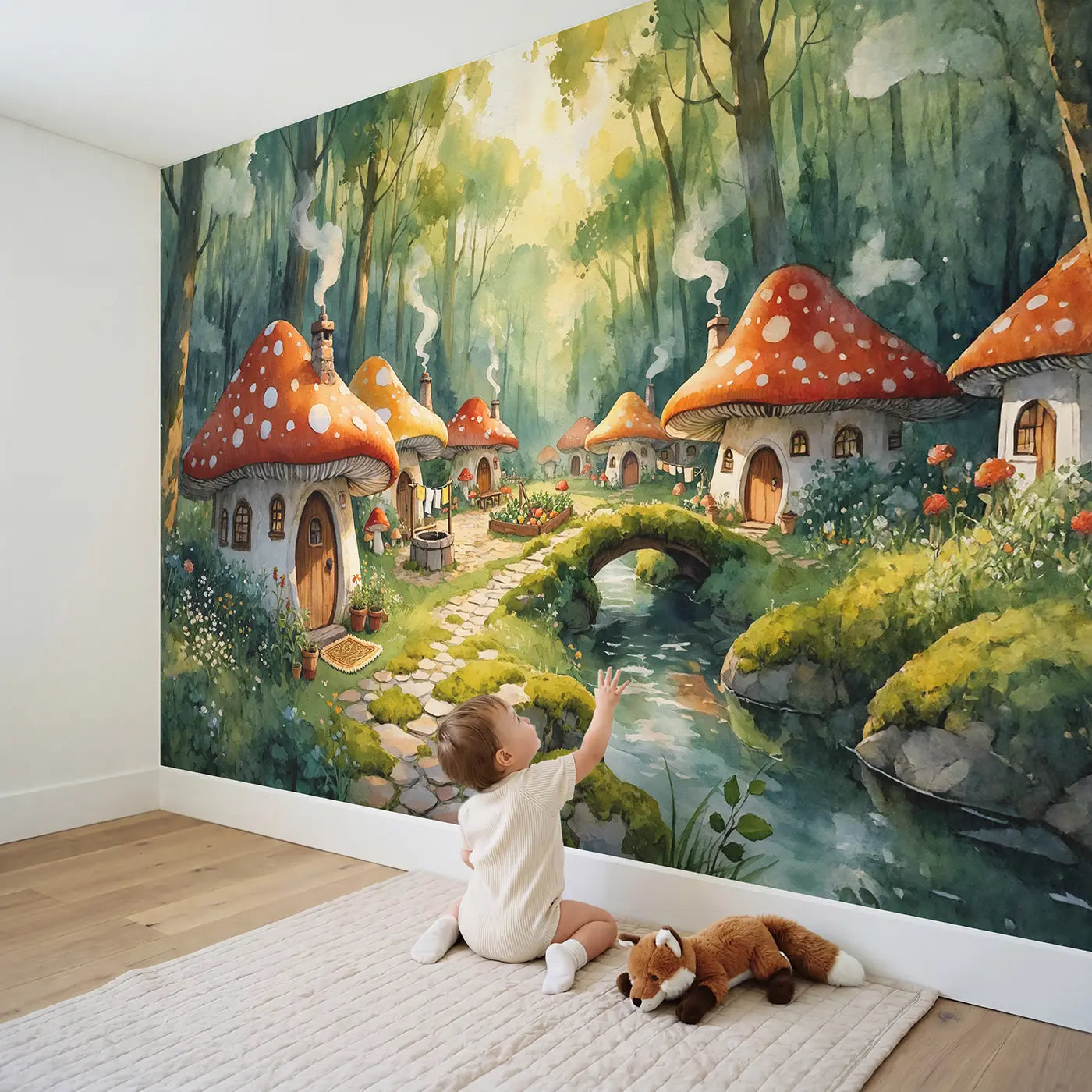 Child in nursery with Cottagecore Mushroom Village Wallpaper Mural by Whimsy Tots
