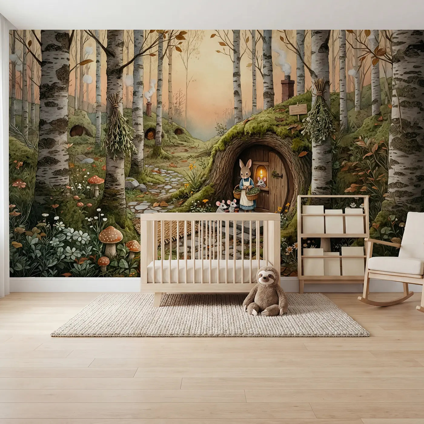storybook rabbit mouse cottage mushroom forest wallpaper mural for kids room by Whimsy Tots
