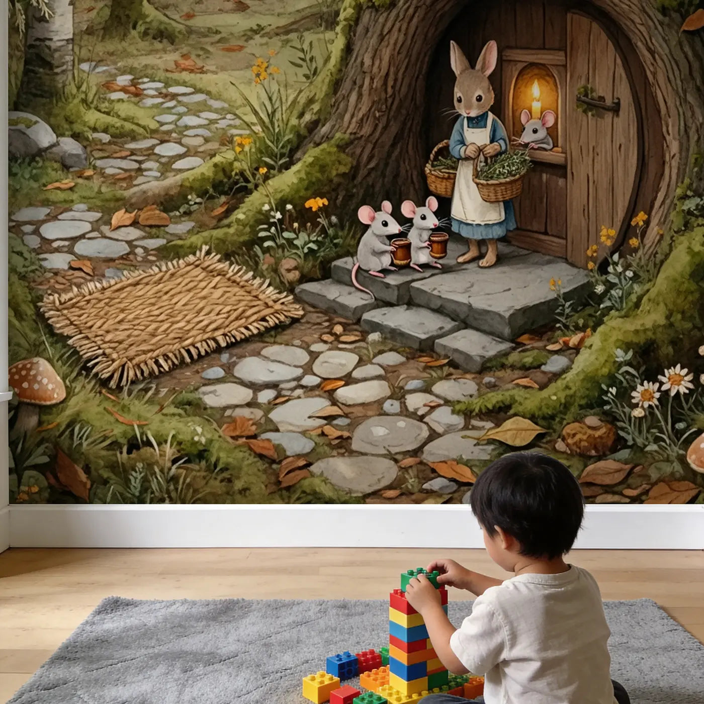Child in nursery with Cottagecore Morning Visit Wallpaper Mural by Whimsy Tots